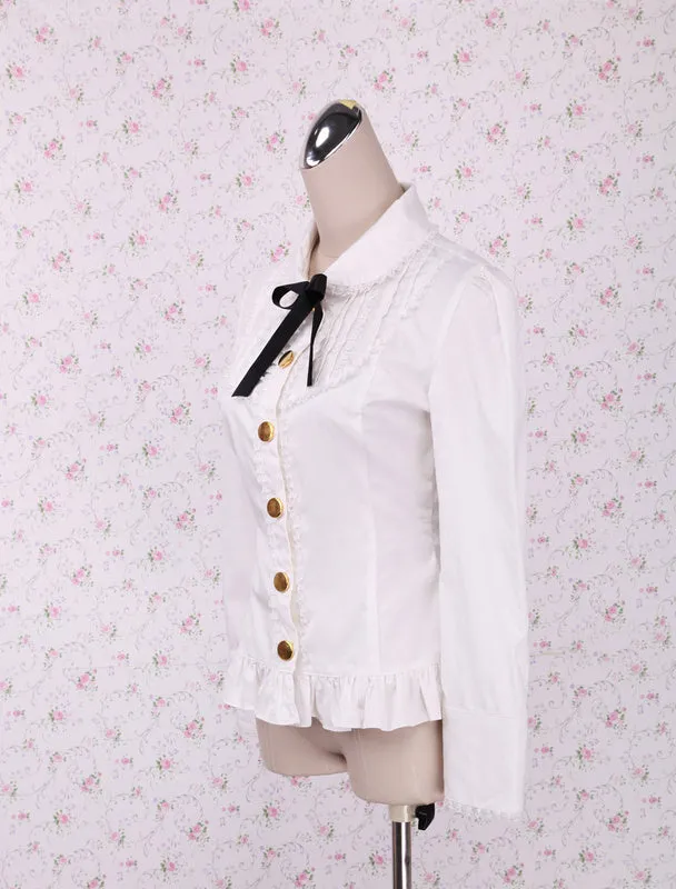 Sweet White Cotton Lolita Blouse Long Sleeves Lace Trim Bow