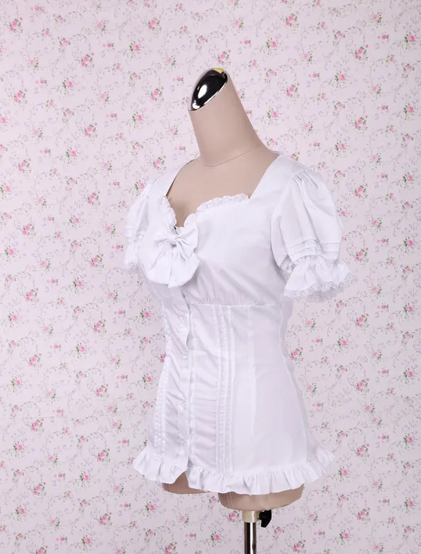 Sweet White Lolita Blouse Short Sleeves Lace Trim Bow Ruffles Sexy Blouse