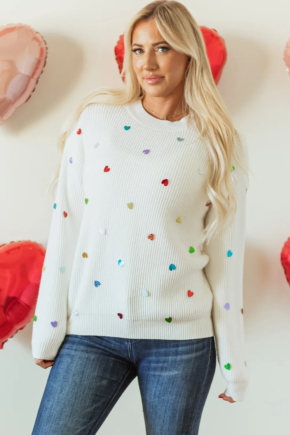 Sweetheart Sequin Round Neck Long Sleeve Sweater