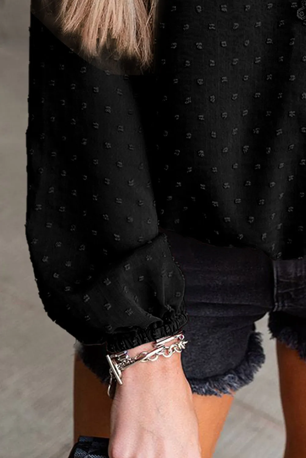 Swiss Dot Lace Trim Wrap Long Puff Sleeve Blouse