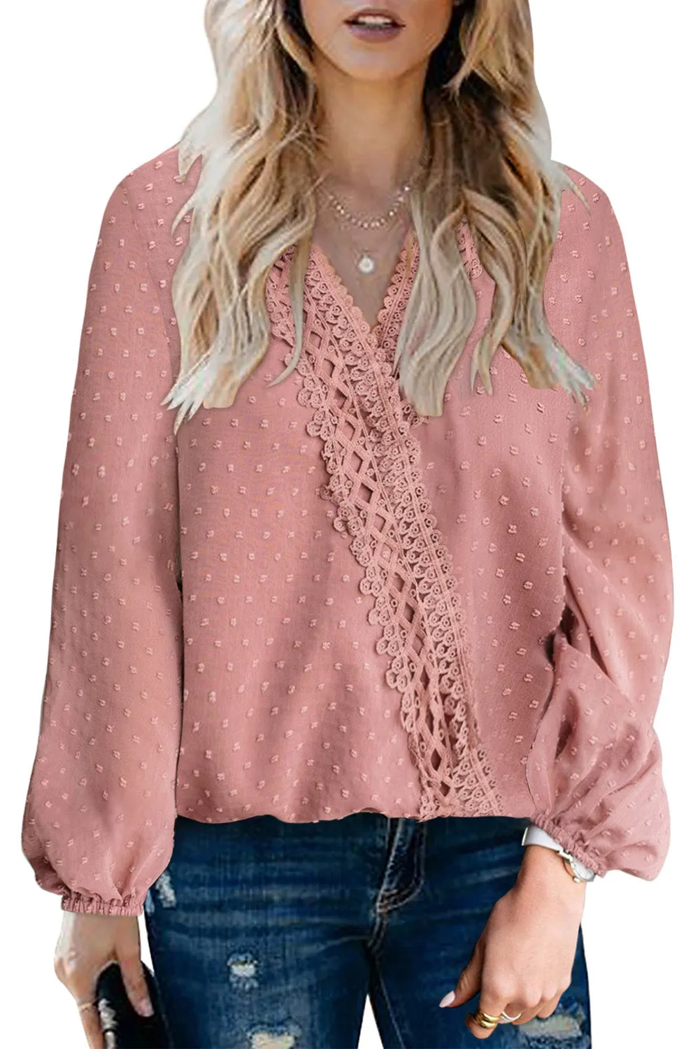 Swiss Dot Lace Trim Wrap Long Puff Sleeve Blouse