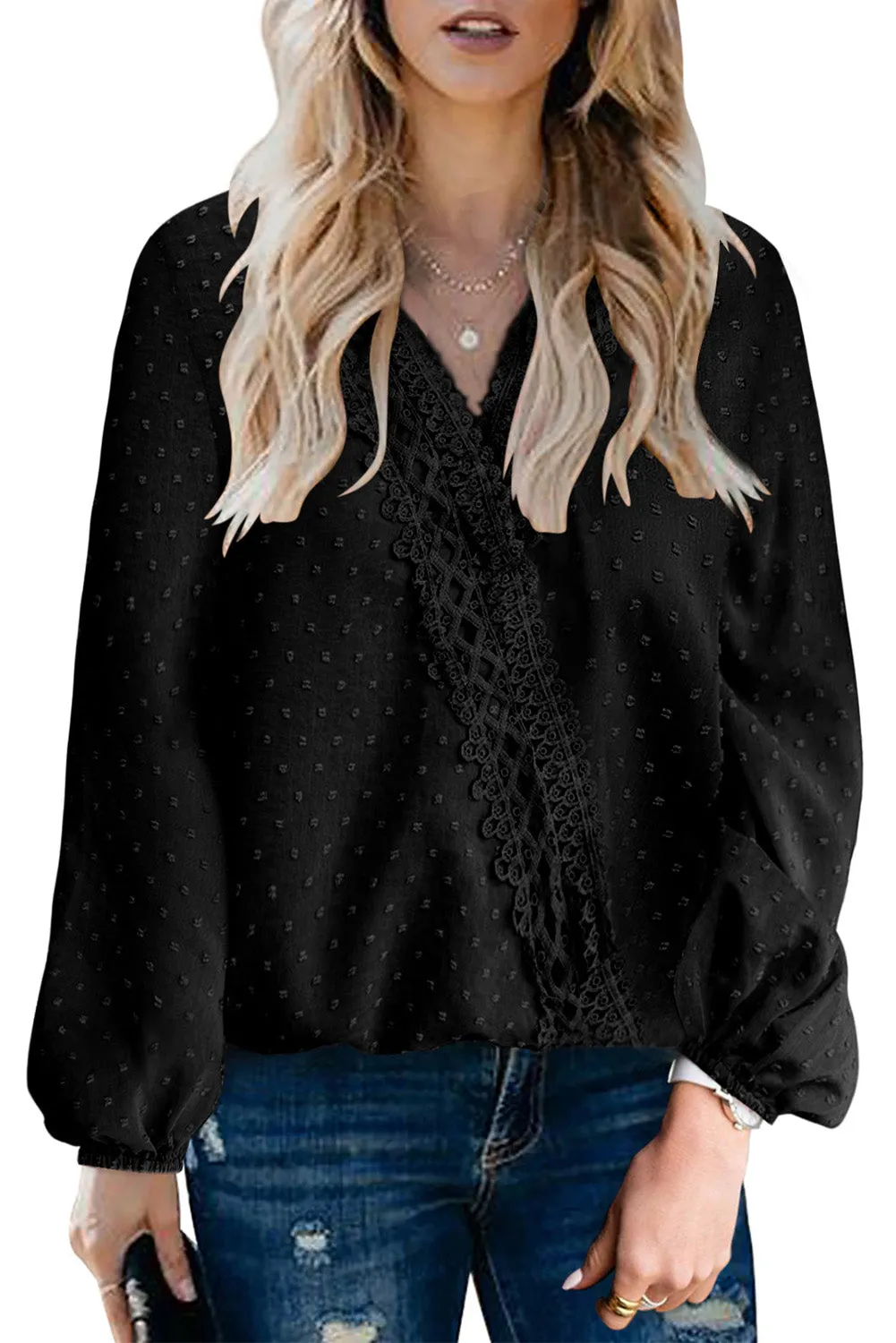 Swiss Dot Lace Trim Wrap Long Puff Sleeve Blouse