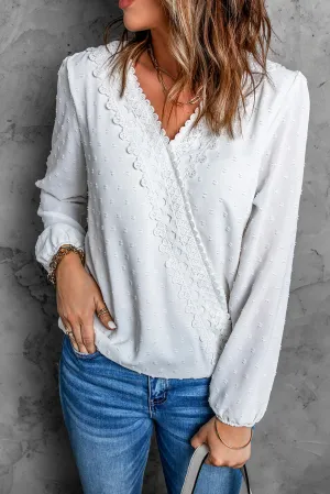 Swiss Dot Lace Trim Wrap Long Puff Sleeve Blouse