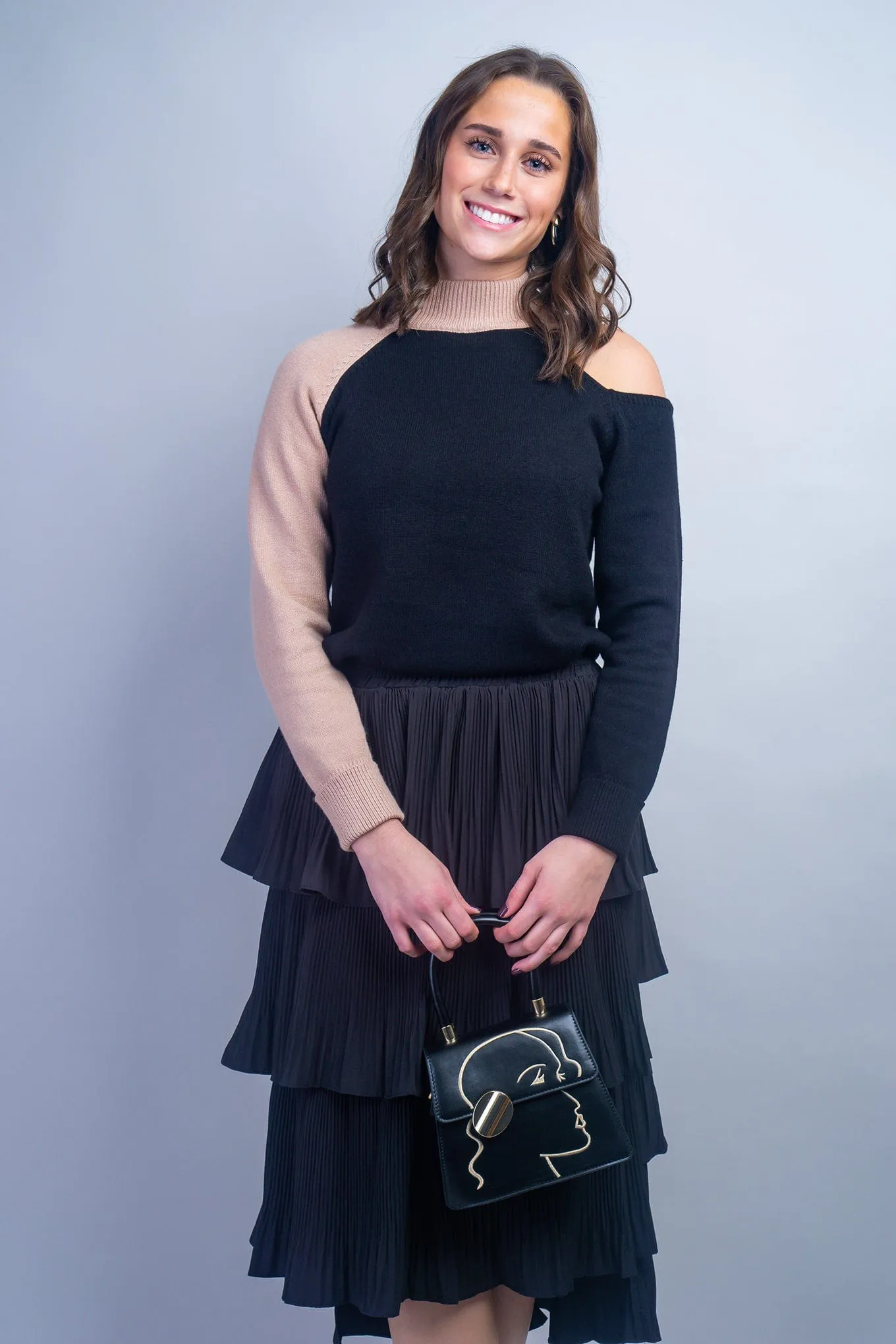 Tan Black Neck Cutout Sweater