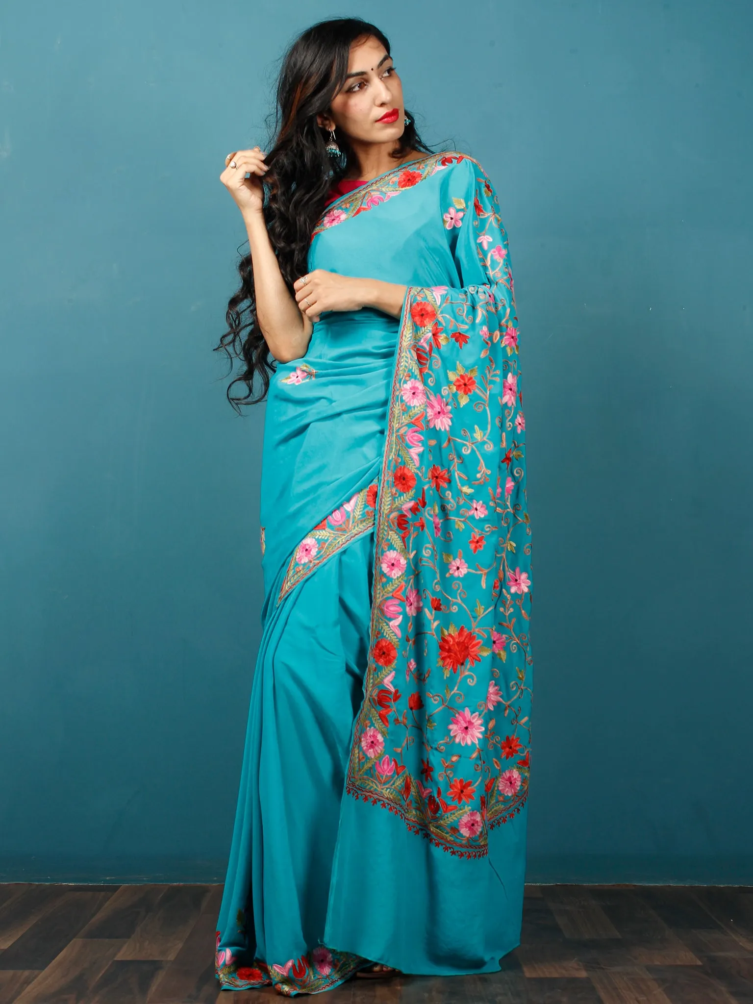 Teal Green Lavender Maroon Aari Embroidered Crepe Silk Saree From Kashmir  - S031703058