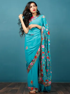 Teal Green Lavender Maroon Aari Embroidered Crepe Silk Saree From Kashmir  - S031703058