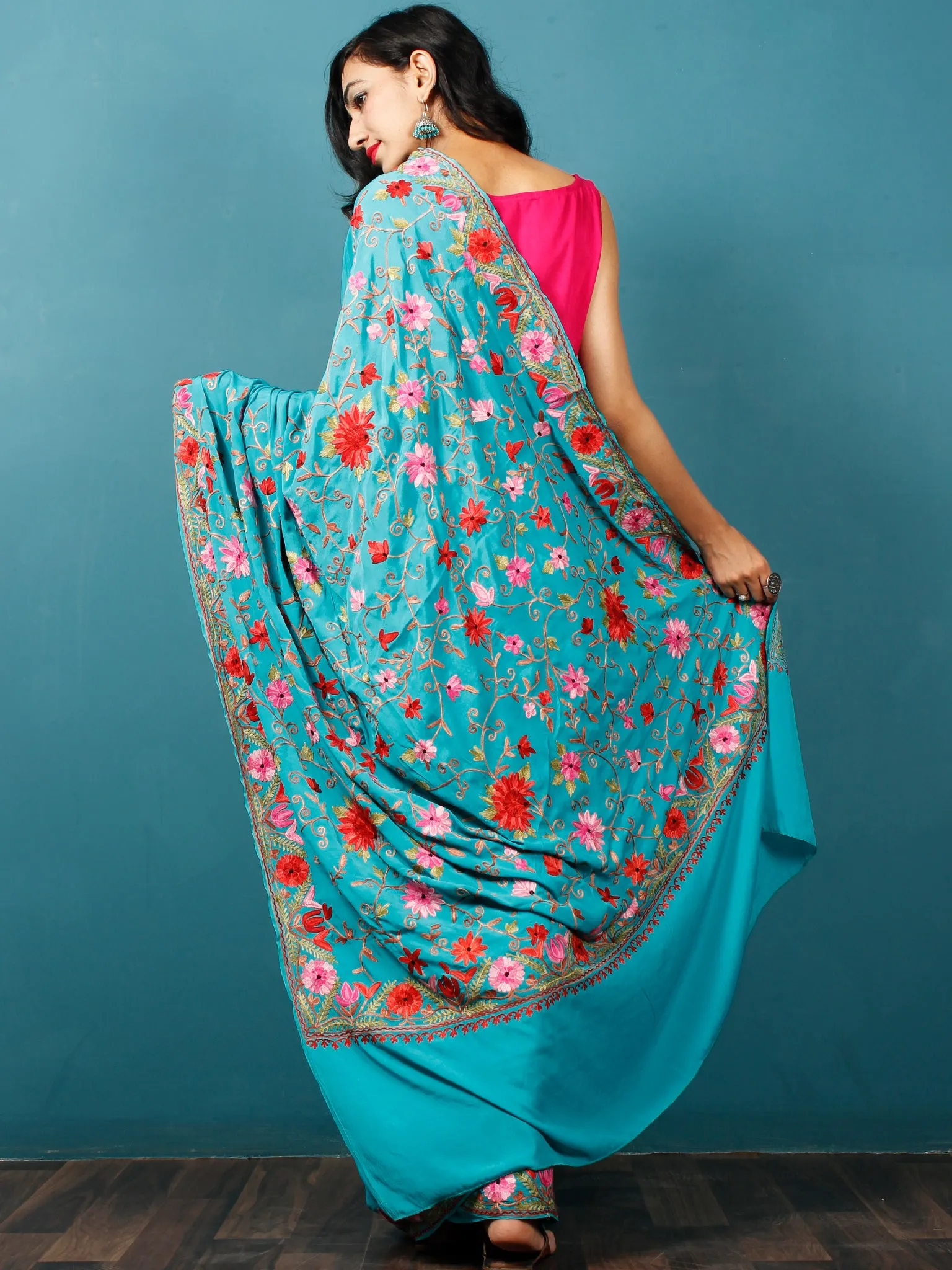 Teal Green Lavender Maroon Aari Embroidered Crepe Silk Saree From Kashmir  - S031703058