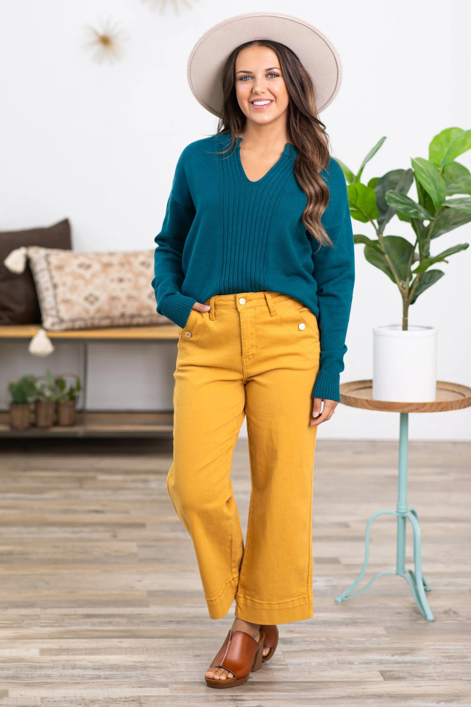 Teal Notch Neck Center Seam Sweater