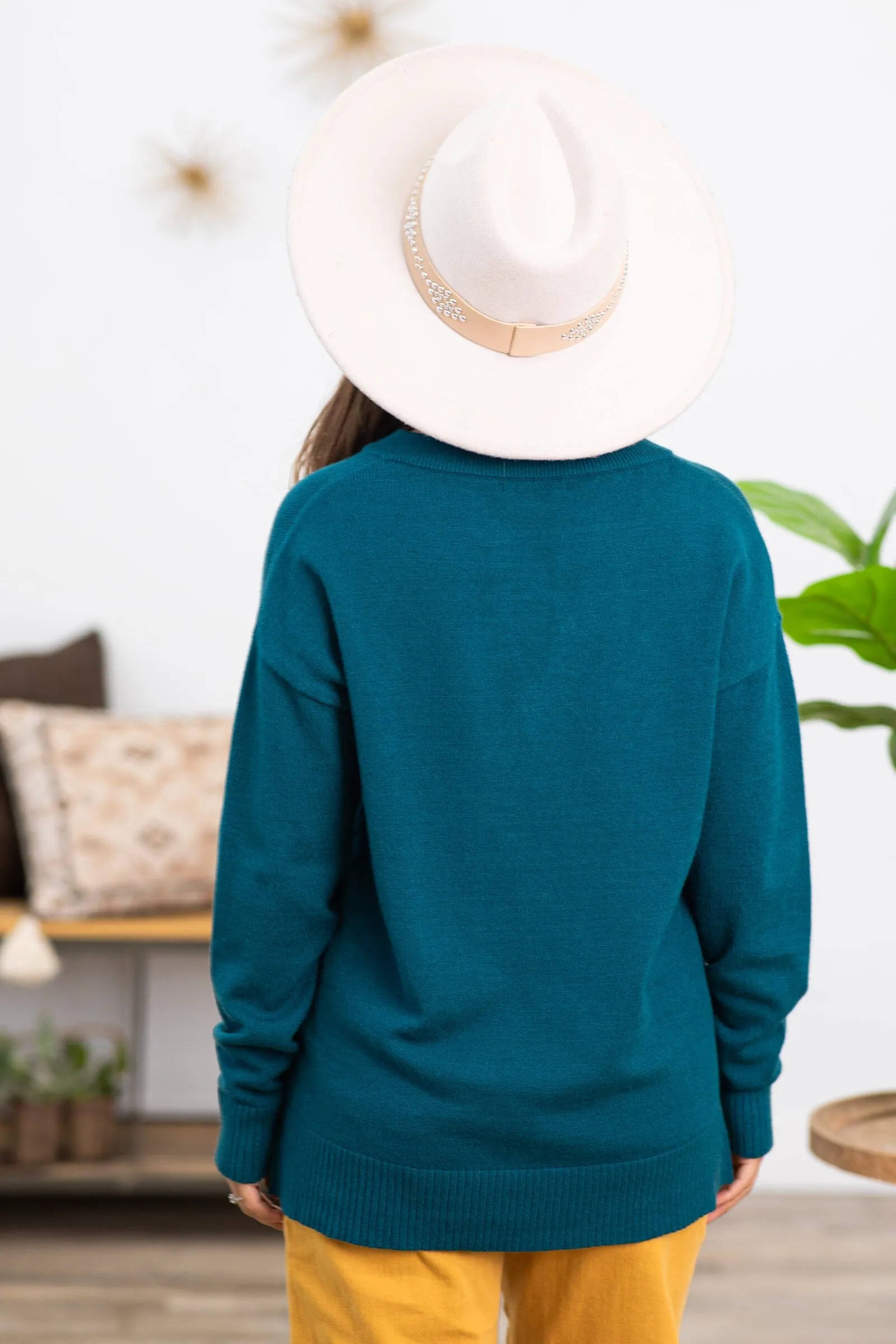 Teal Notch Neck Center Seam Sweater