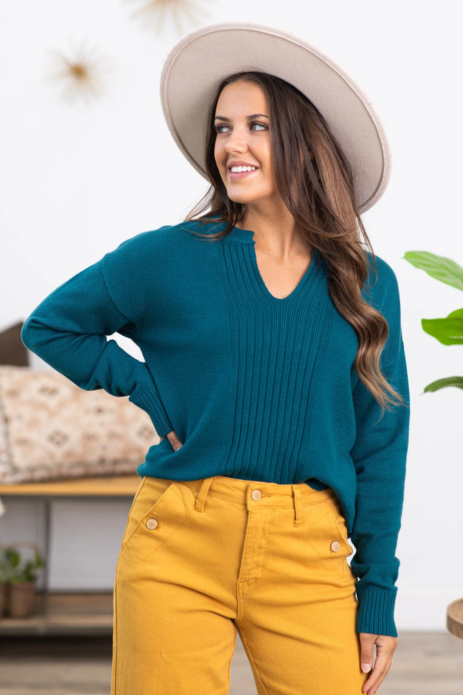 Teal Notch Neck Center Seam Sweater