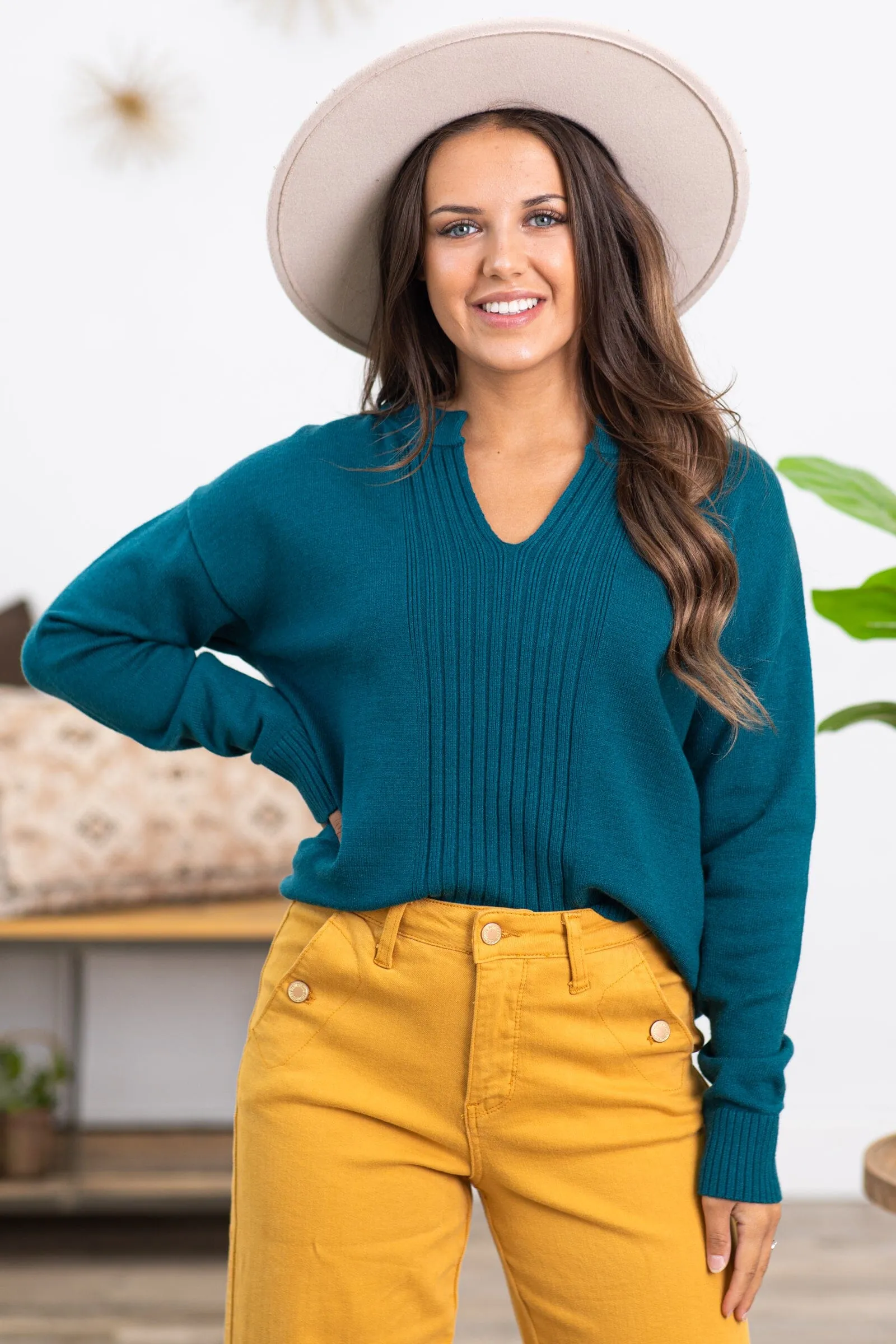 Teal Notch Neck Center Seam Sweater