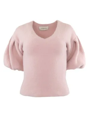 THEO Ersa Bouffant Sleeve V-Neck Pullover in Fondant Pink
