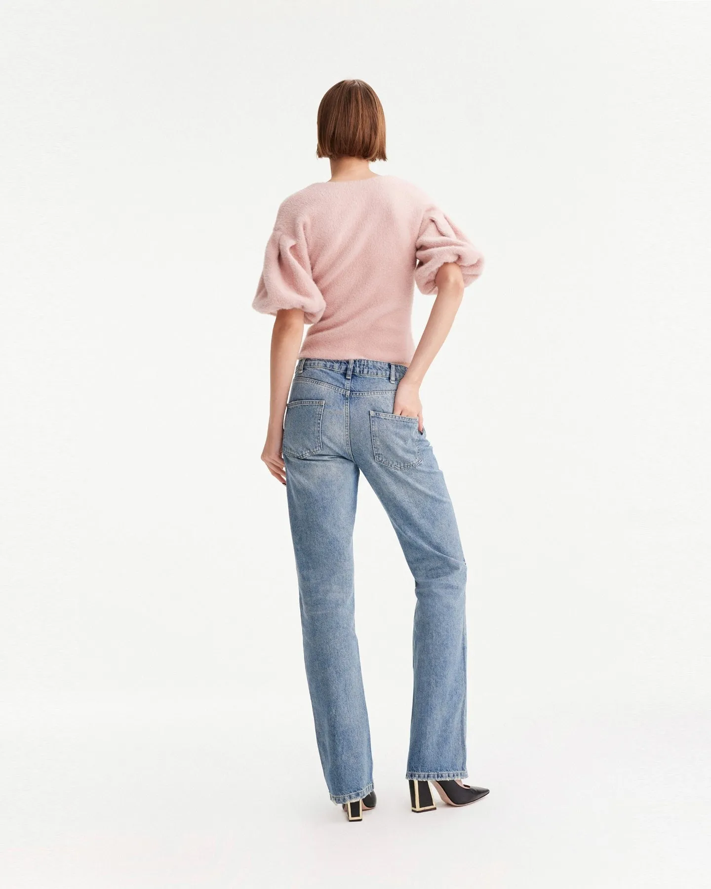 THEO Ersa Bouffant Sleeve V-Neck Pullover in Fondant Pink