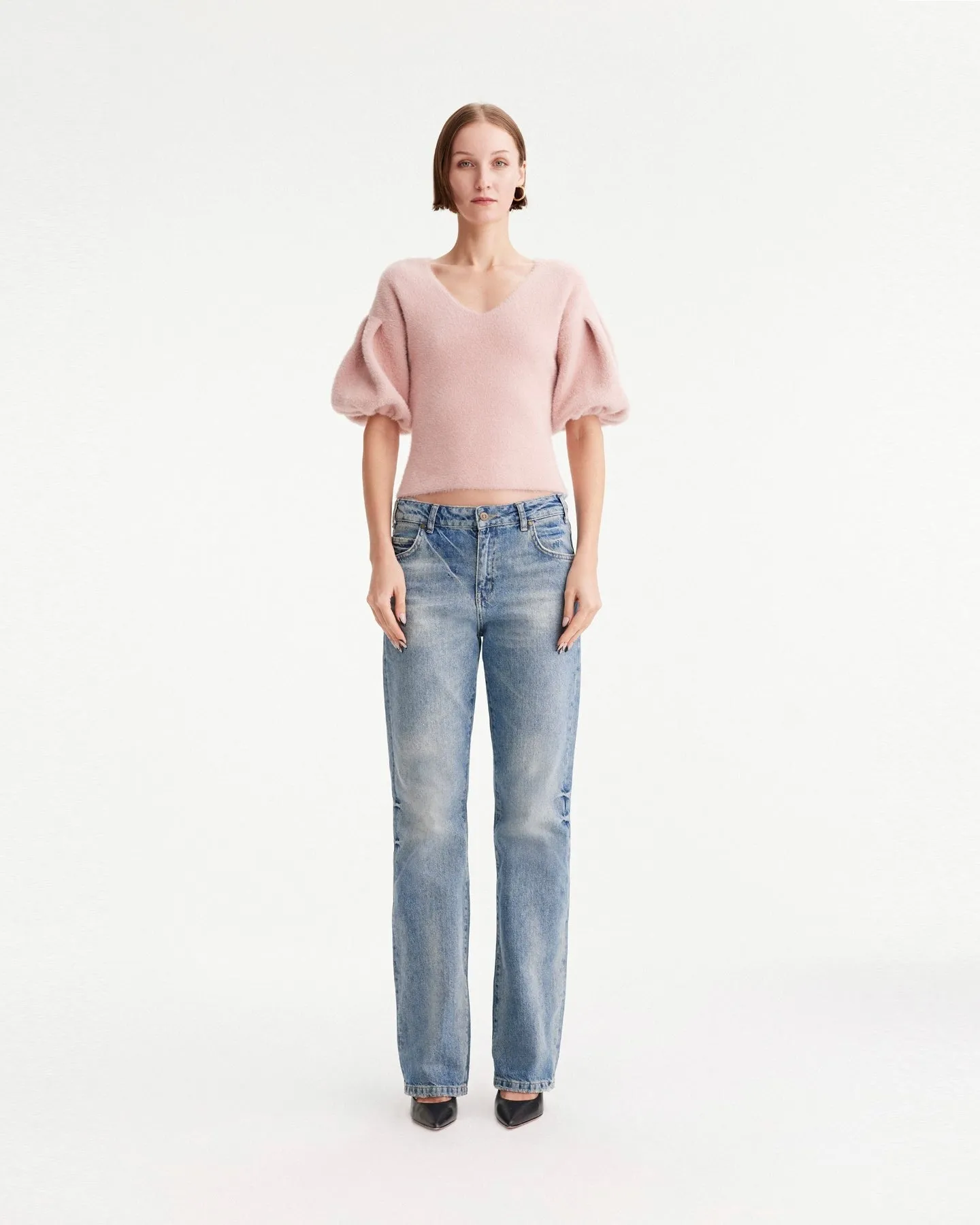 THEO Ersa Bouffant Sleeve V-Neck Pullover in Fondant Pink