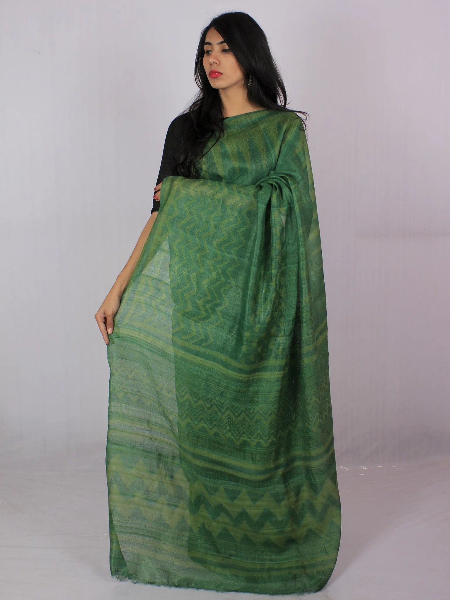 Tussar Handloom Silk Hand Block Printed Saree in Basil & Fern Green - S031701206