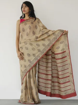 Tussar Handloom Silk Hand Block Printed Saree in Beige Black - S031702540
