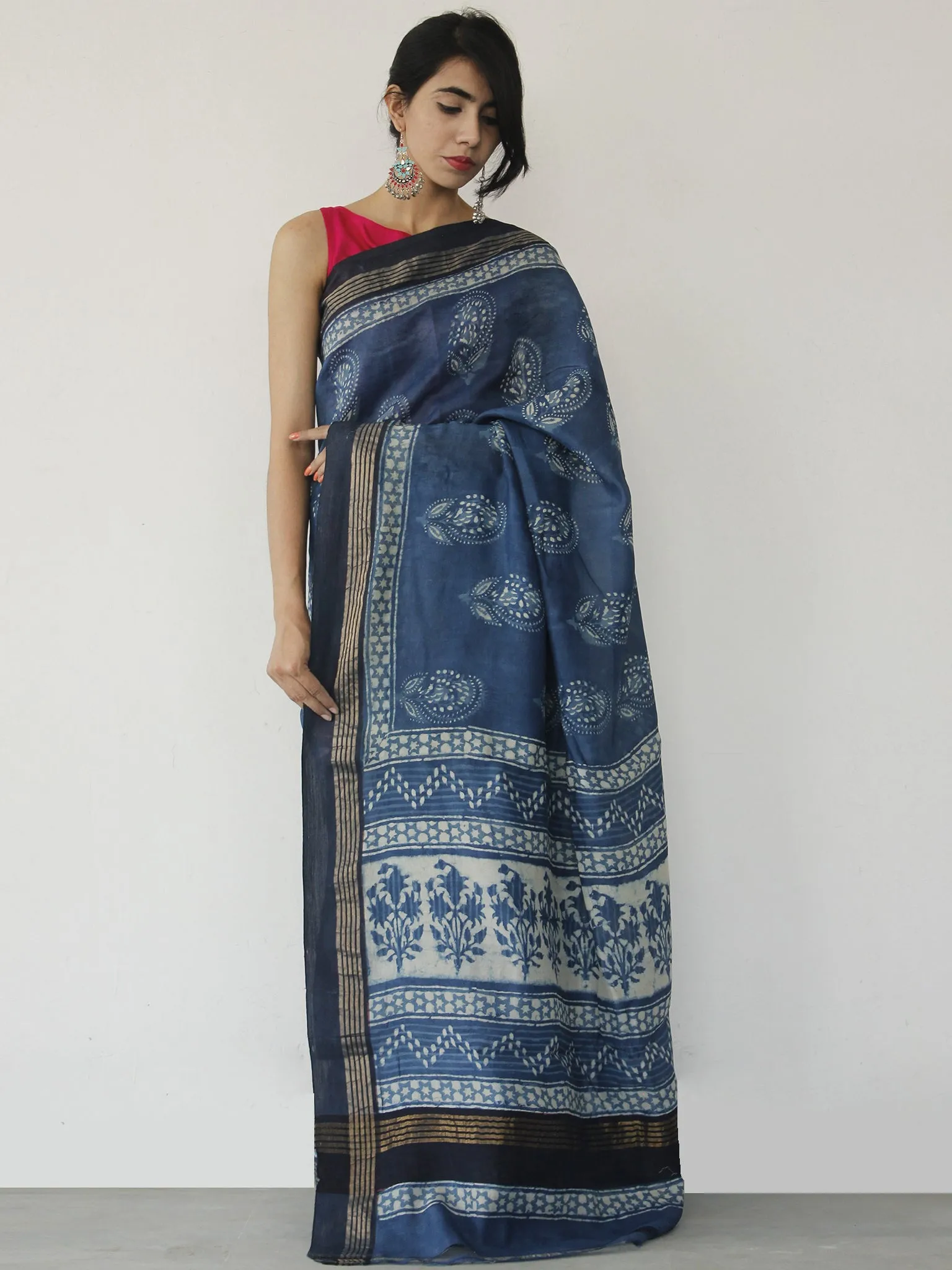 Tussar Handloom Silk Hand Block Printed Saree in Indigo Ivory - S031702545