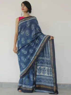 Tussar Handloom Silk Hand Block Printed Saree in Indigo Ivory - S031702545