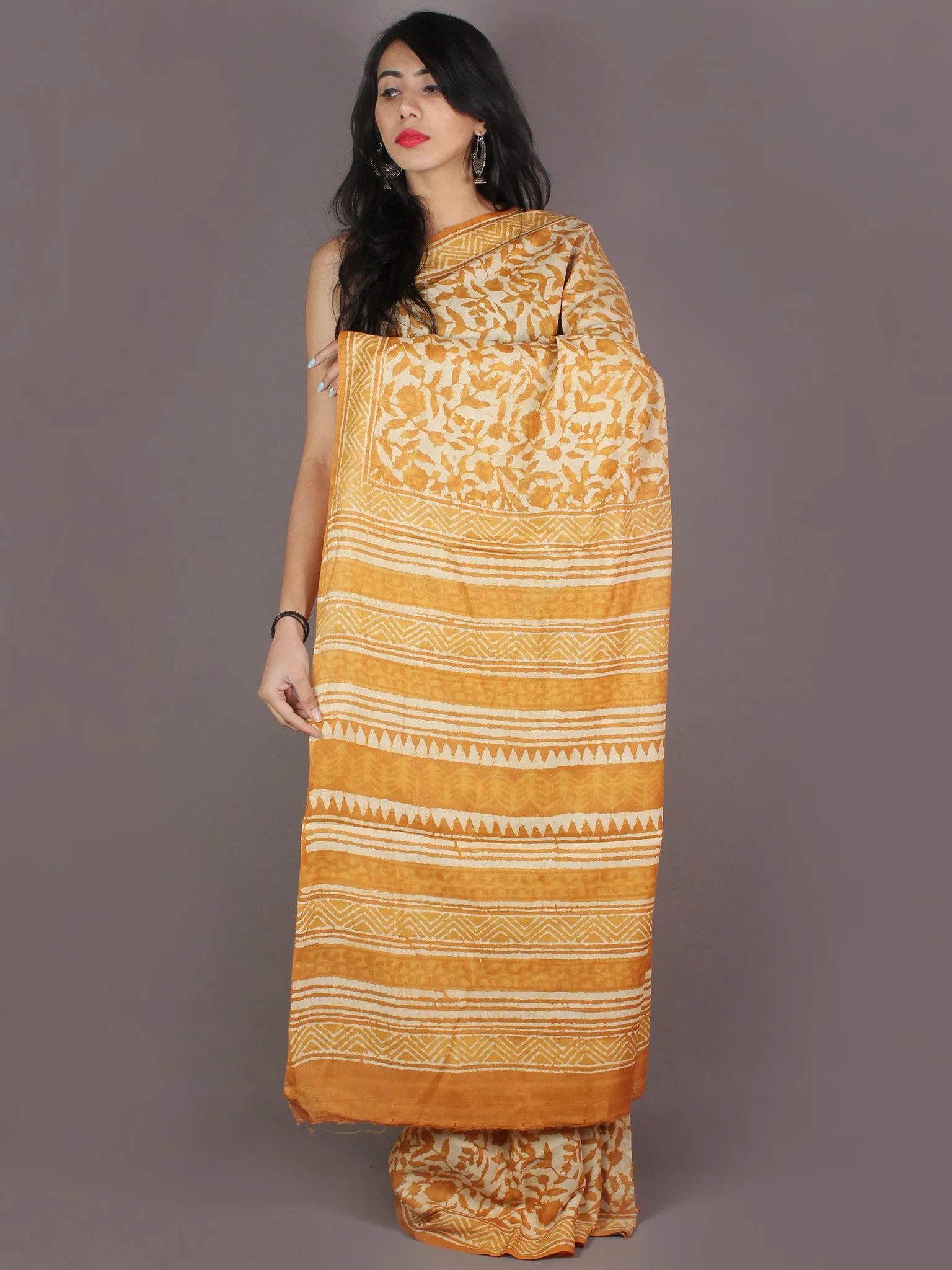 Tussar Handloom Silk Hand Block Printed Saree in Mustard Yellow Ivory - S03170952