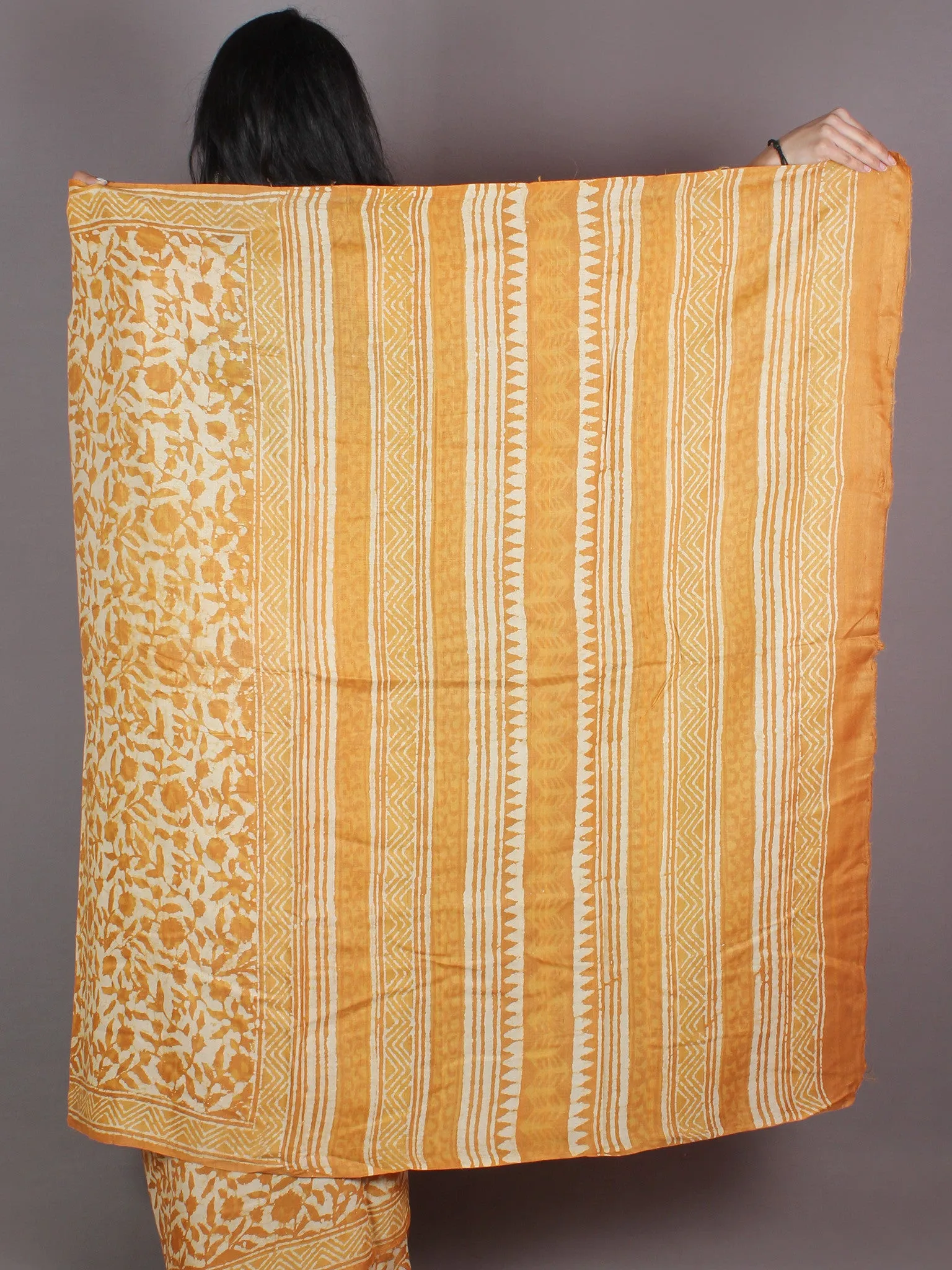 Tussar Handloom Silk Hand Block Printed Saree in Mustard Yellow Ivory - S03170952