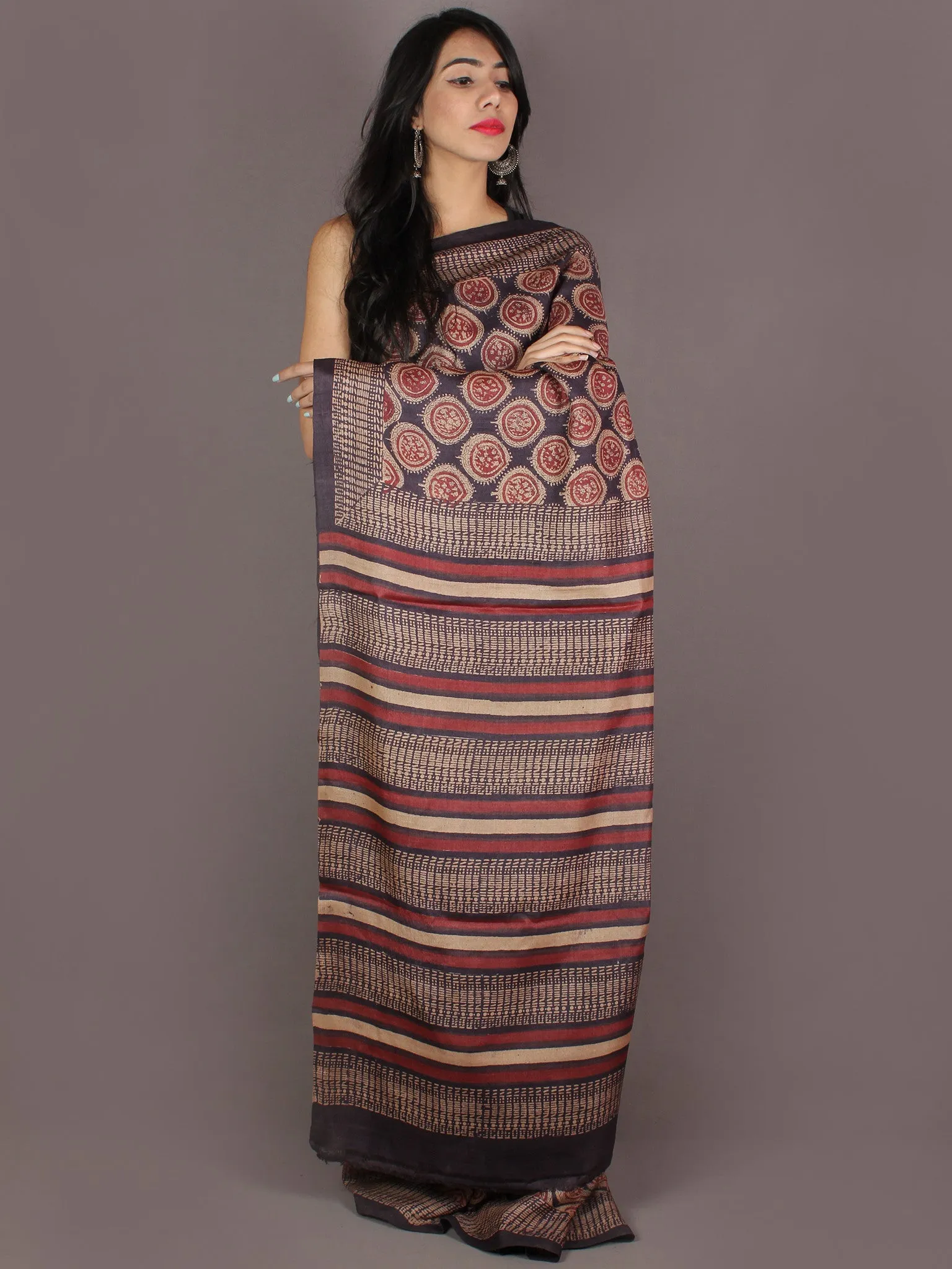 Tussar Handloom Silk Hand Block Printed Saree in Purple Maroon & Beige- S03170956