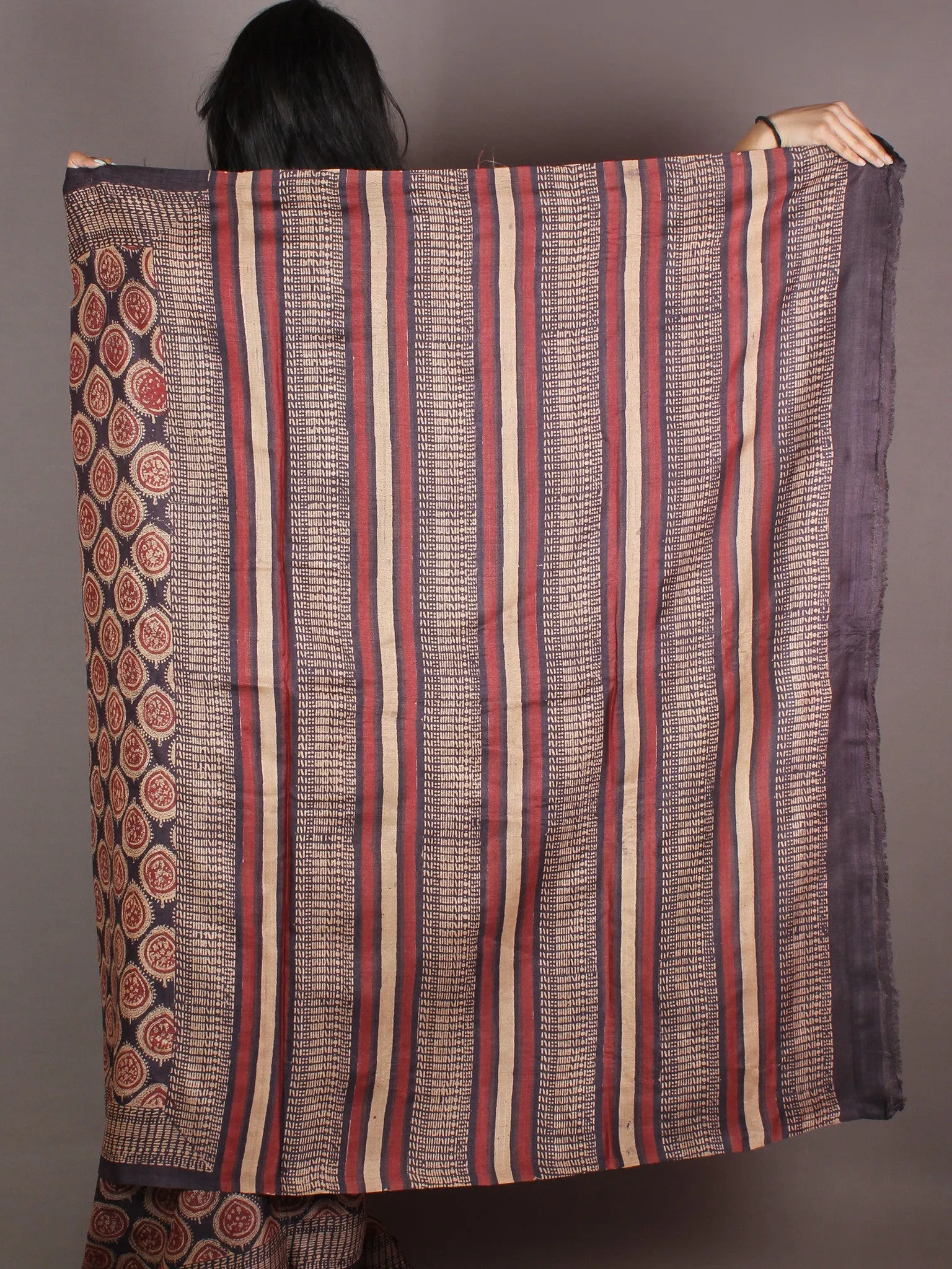 Tussar Handloom Silk Hand Block Printed Saree in Purple Maroon & Beige- S03170956