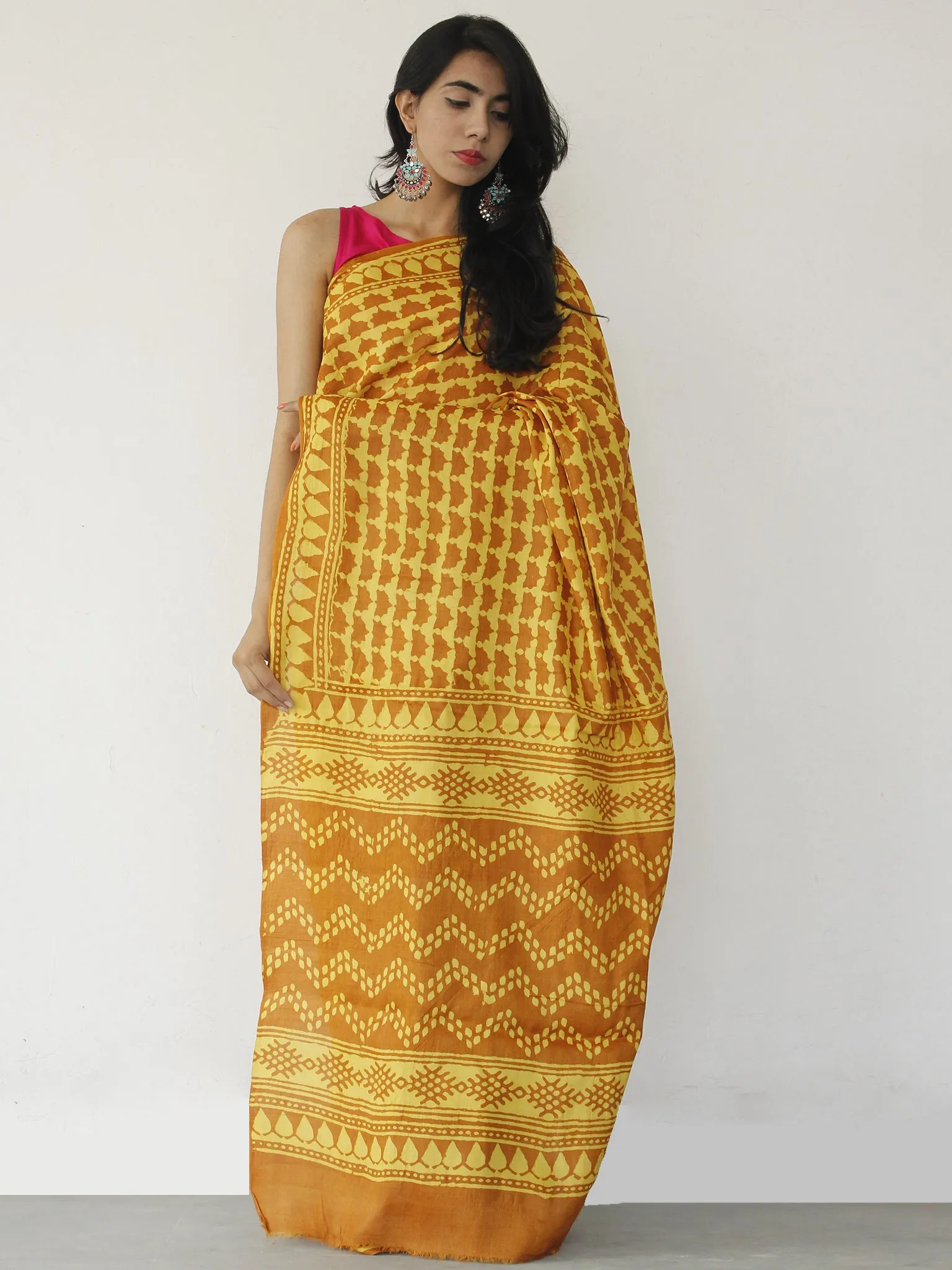 Tussar Handloom Silk Hand Block Printed Saree in Yellow & Rust - S031702538