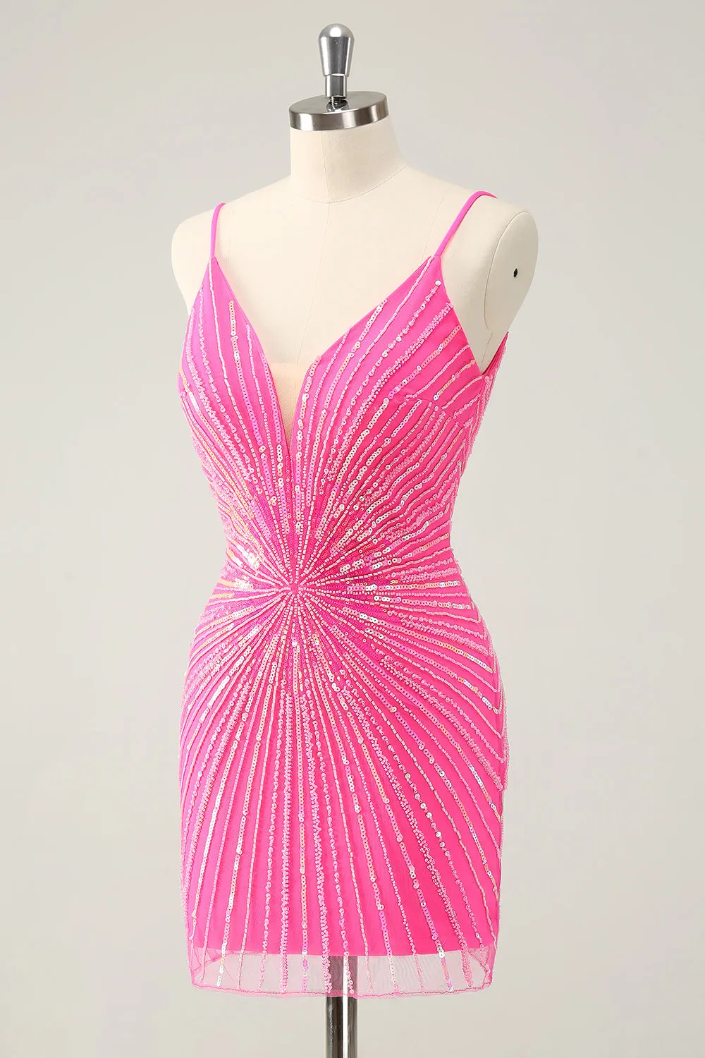 Unique Glitter Tight Backless Hot Pink Short Homecoming Dress with Sequins
