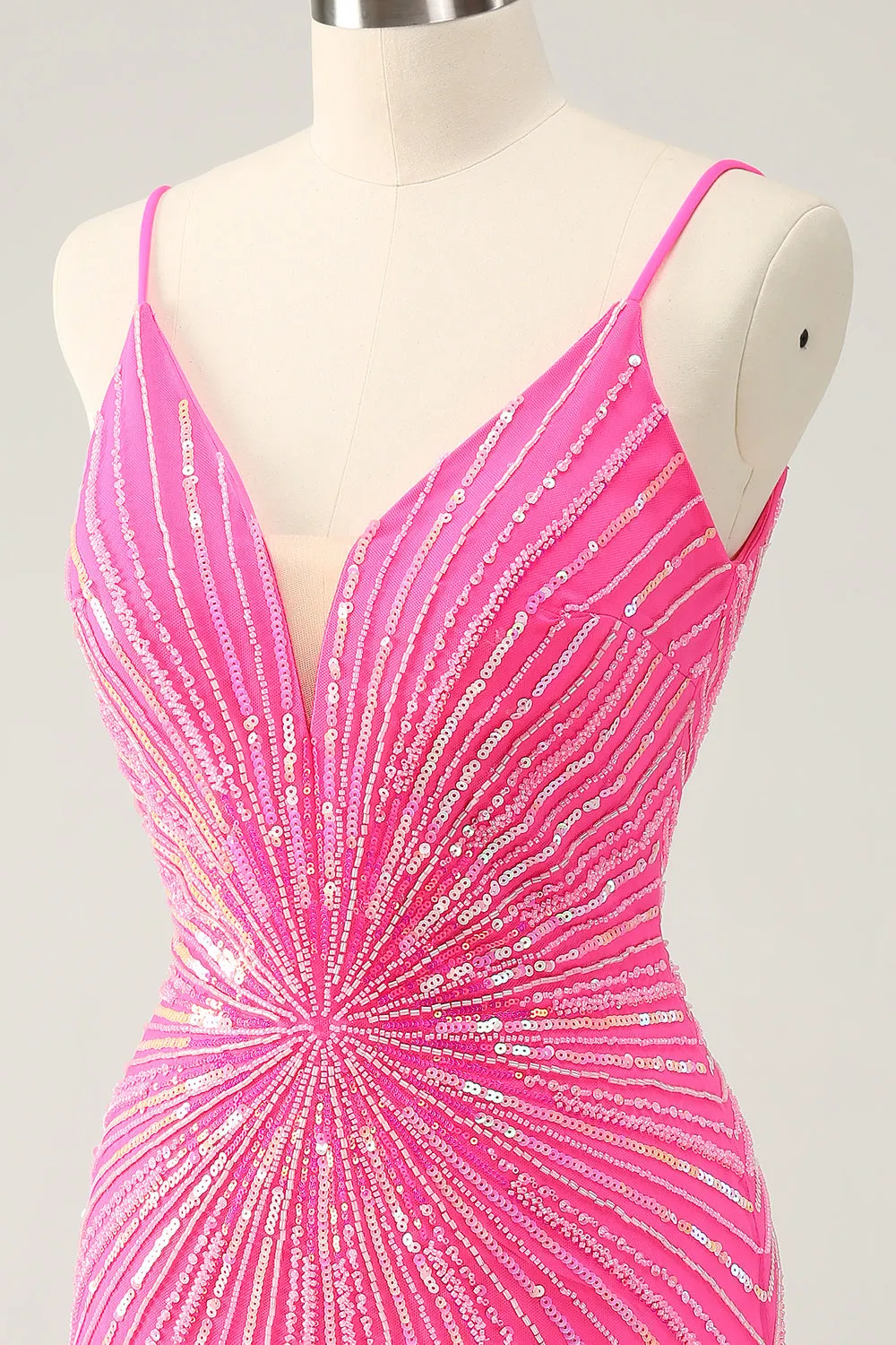 Unique Glitter Tight Backless Hot Pink Short Homecoming Dress with Sequins