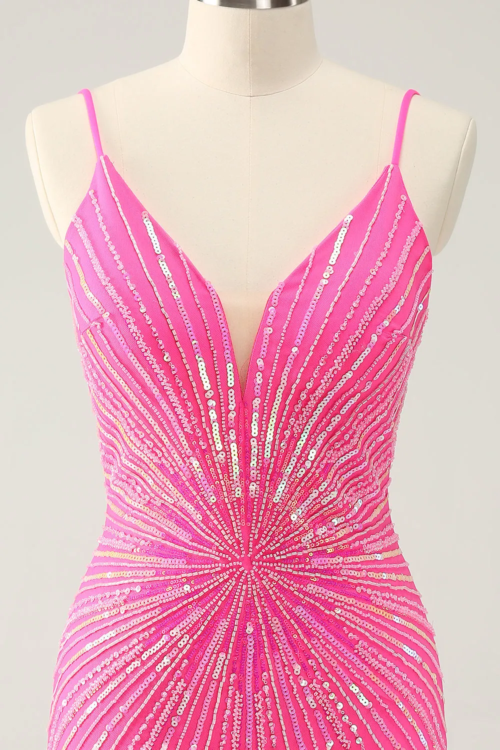 Unique Glitter Tight Backless Hot Pink Short Homecoming Dress with Sequins