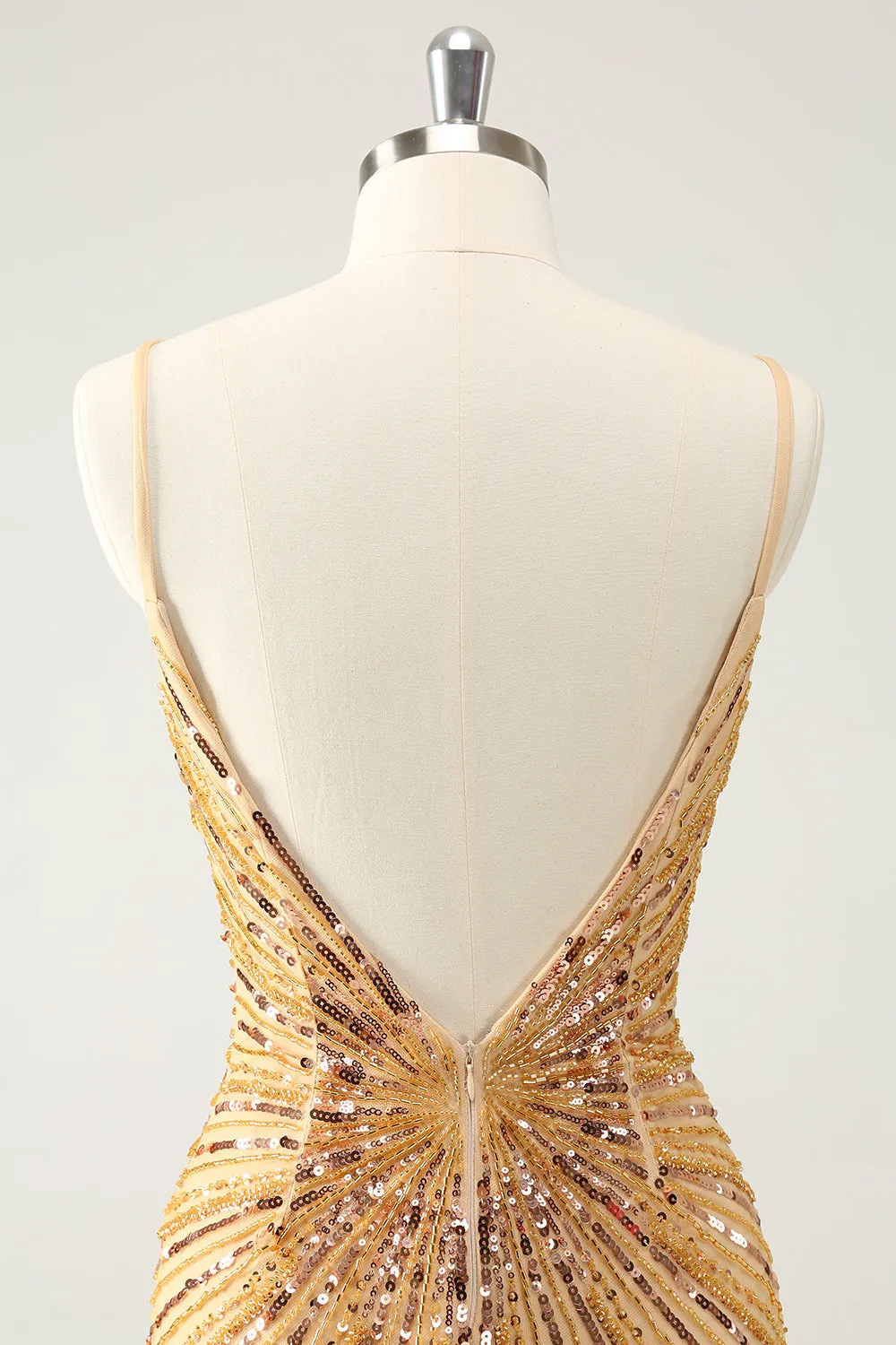 Unique Tight Spaghetti Straps Backless Golden Short Homecoming Dress with Sequins
