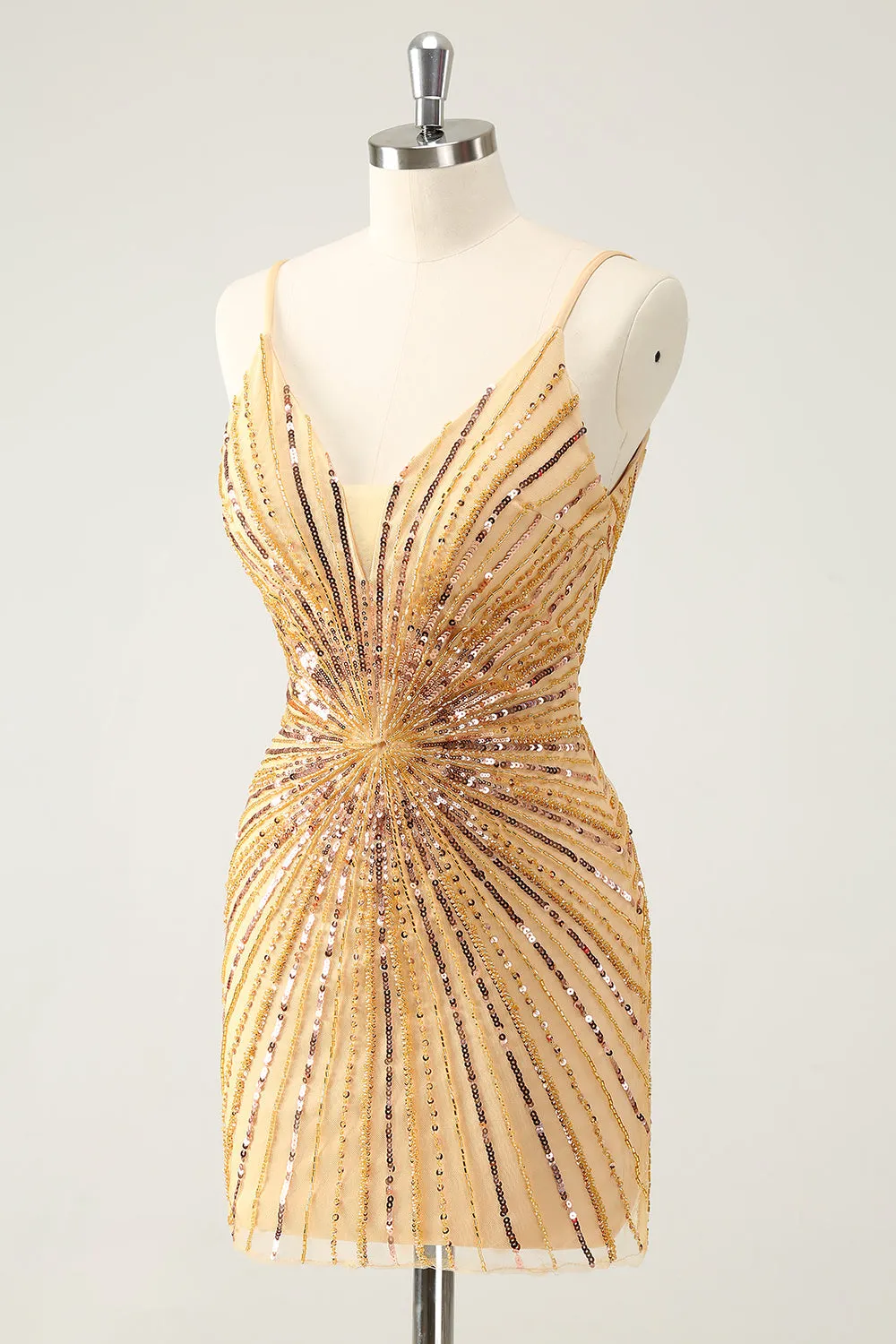 Unique Tight Spaghetti Straps Backless Golden Short Homecoming Dress with Sequins