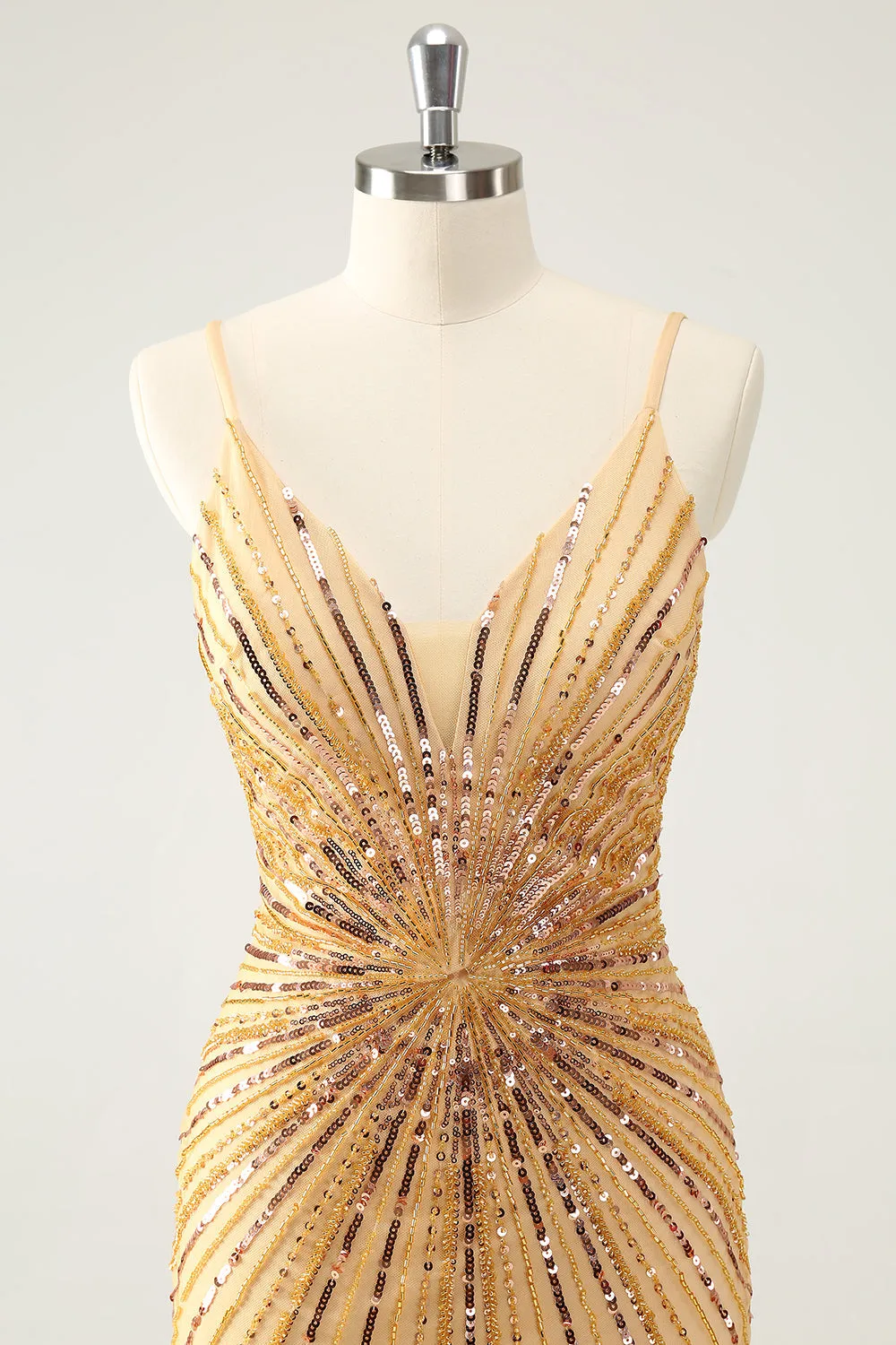 Unique Tight Spaghetti Straps Backless Golden Short Homecoming Dress with Sequins