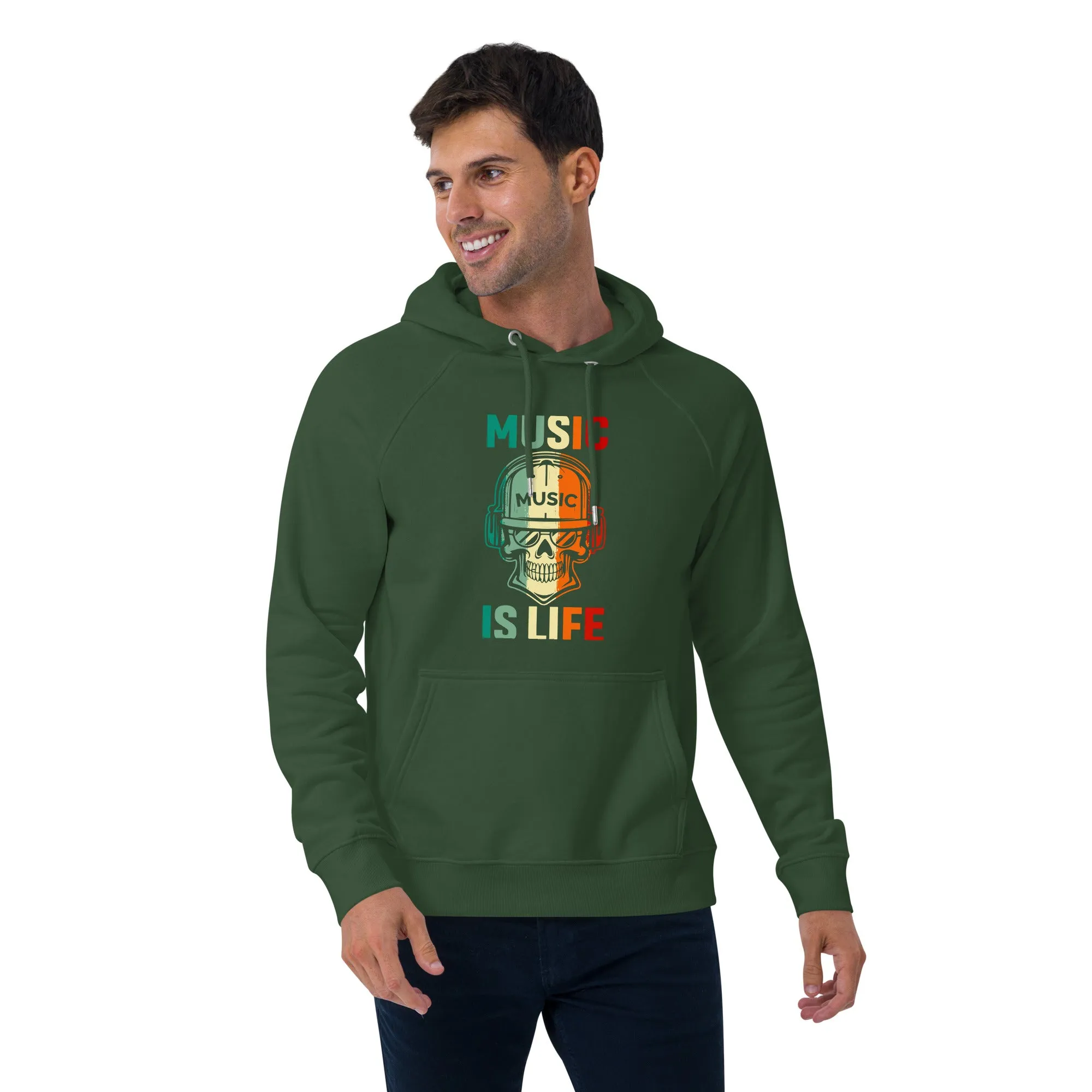 Unisex eco raglan hoodie, Music Time, Back to School. Winter, Hoodie, Back & Front Look