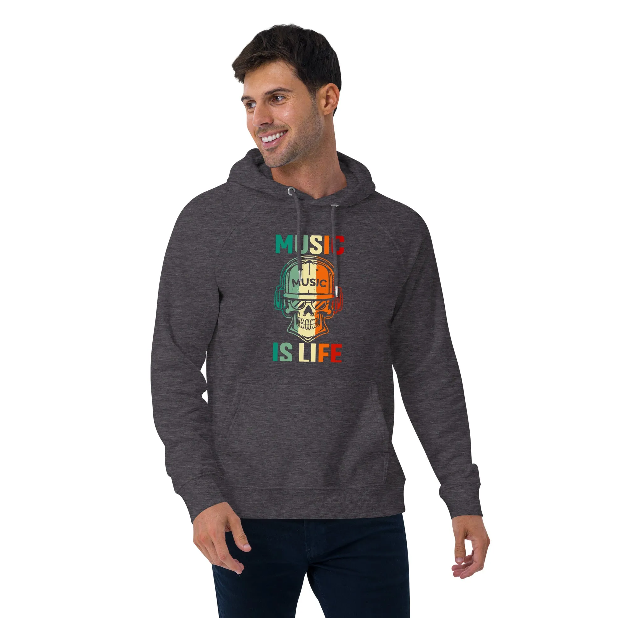 Unisex eco raglan hoodie, Music Time, Back to School. Winter, Hoodie, Back & Front Look