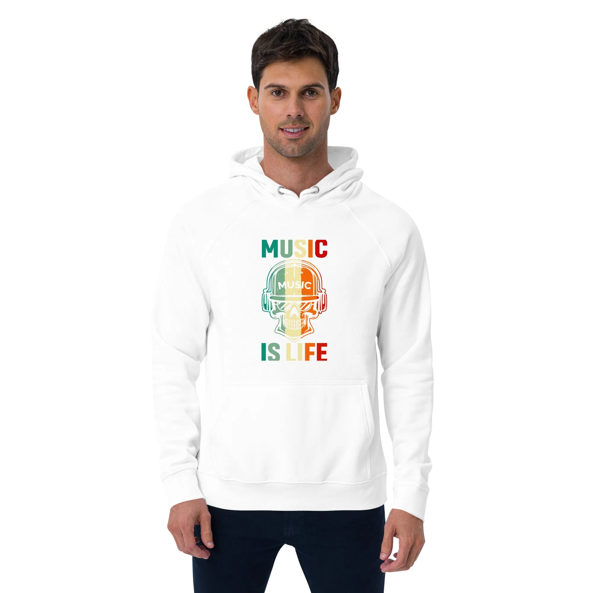 Unisex eco raglan hoodie, Music Time, Back to School. Winter, Hoodie, Back & Front Look