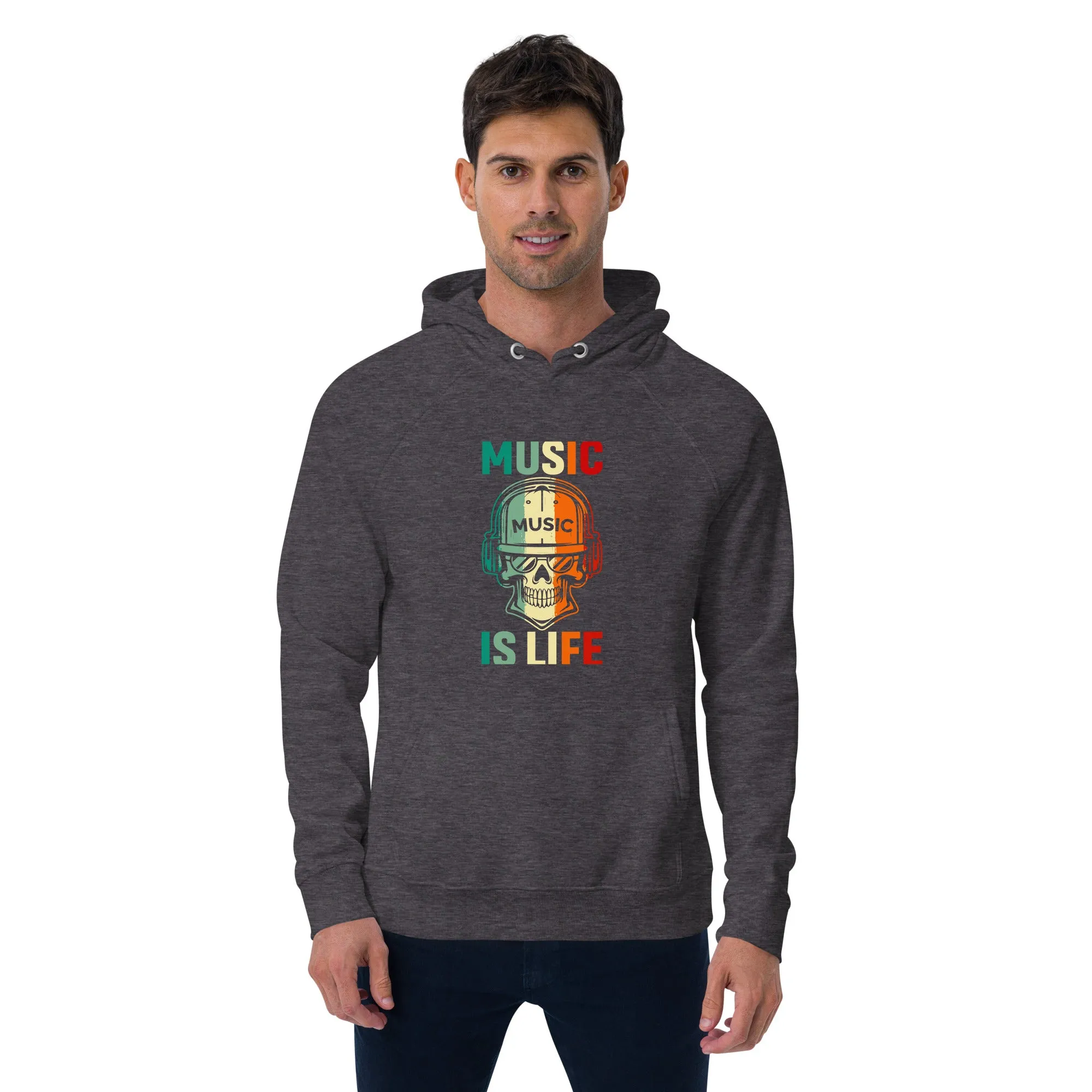 Unisex eco raglan hoodie, Music Time, Back to School. Winter, Hoodie, Back & Front Look
