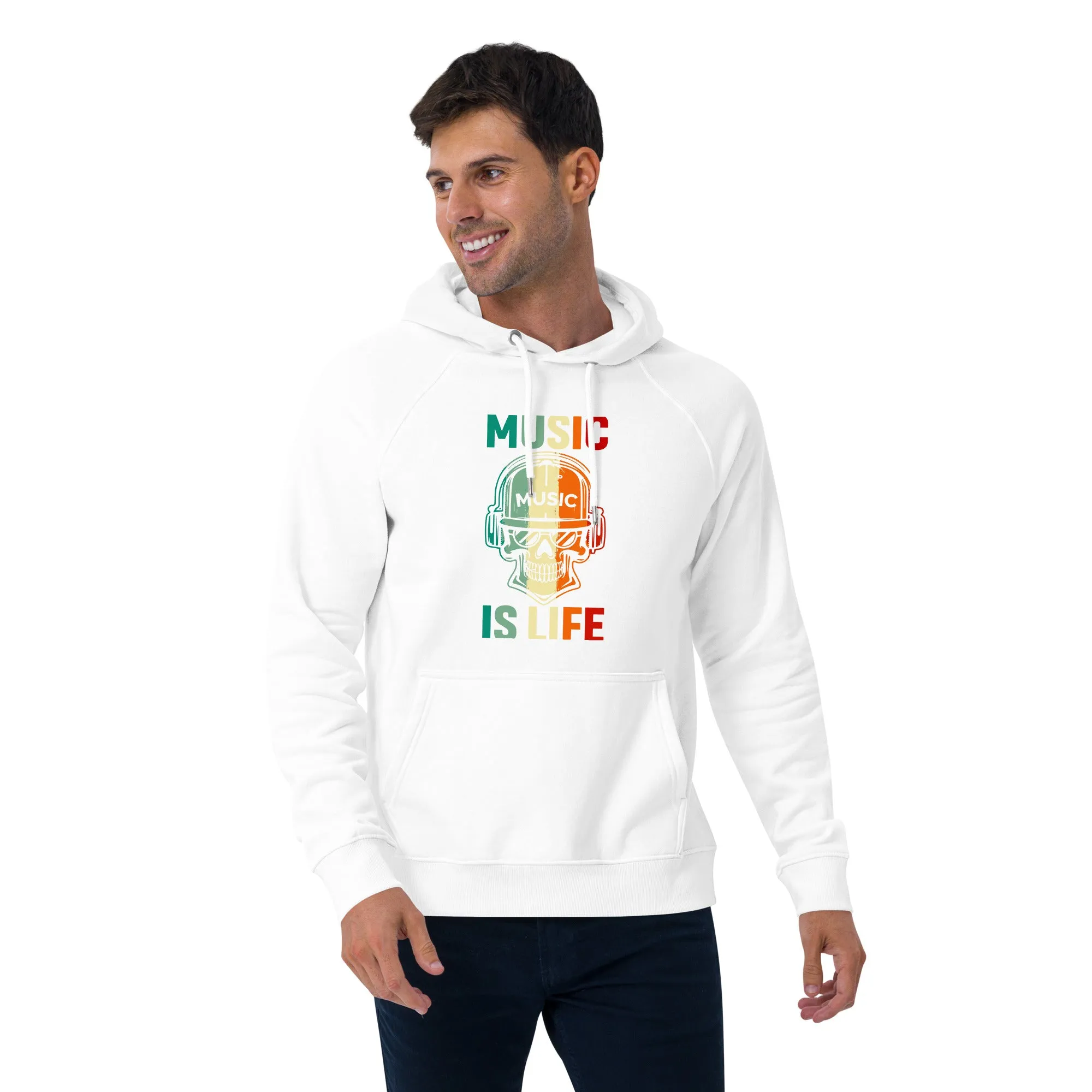Unisex eco raglan hoodie, Music Time, Back to School. Winter, Hoodie, Back & Front Look