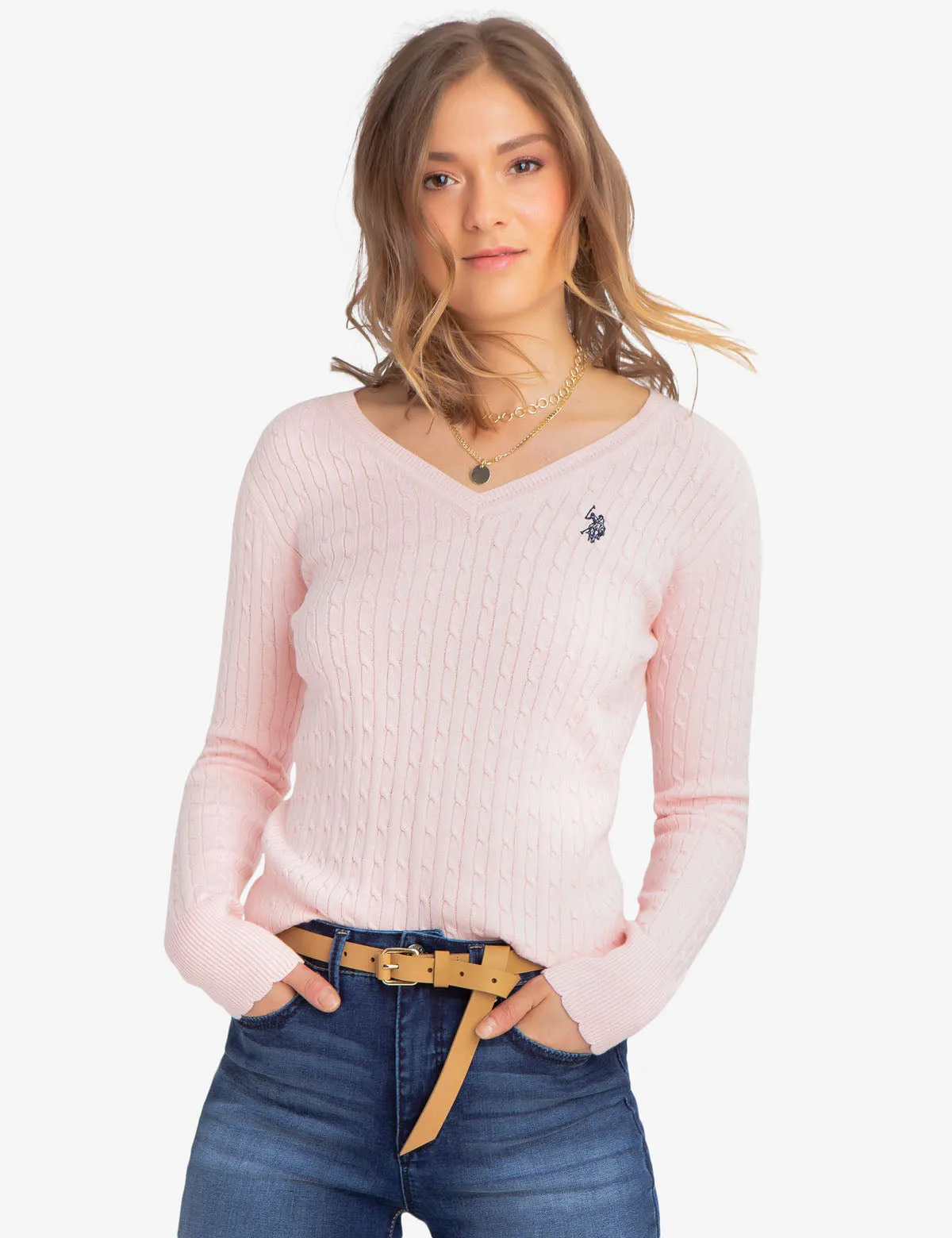 V-NECK CABLE KNIT SWEATER