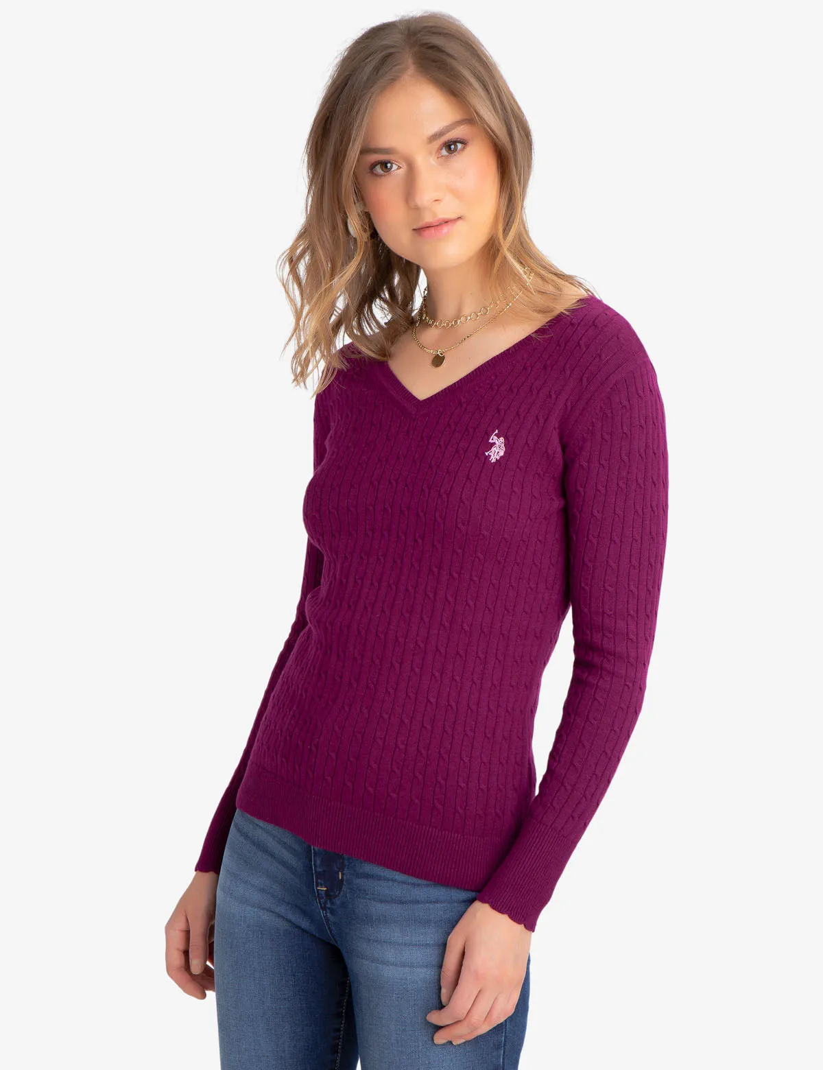 V-NECK CABLE KNIT SWEATER