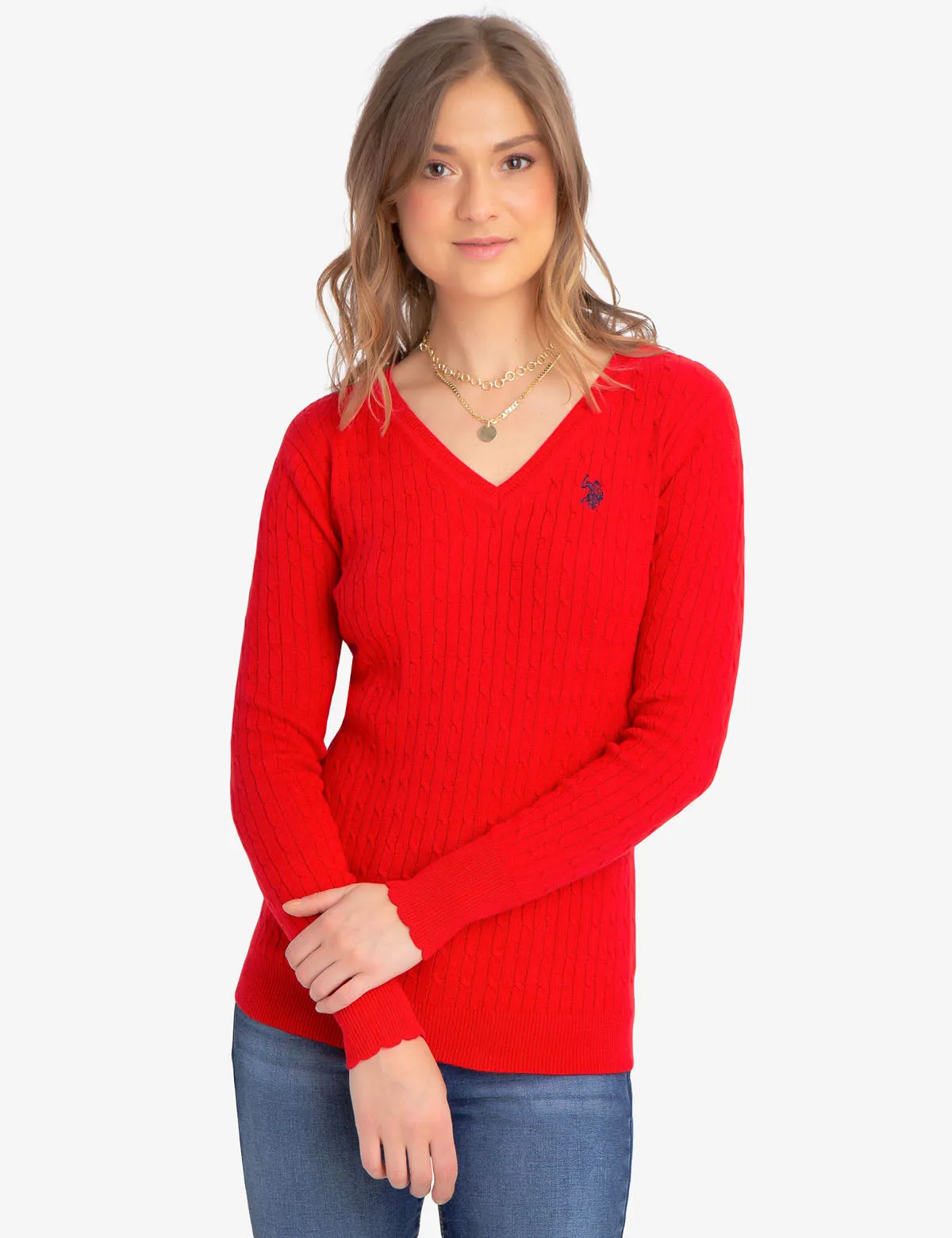V-NECK CABLE KNIT SWEATER