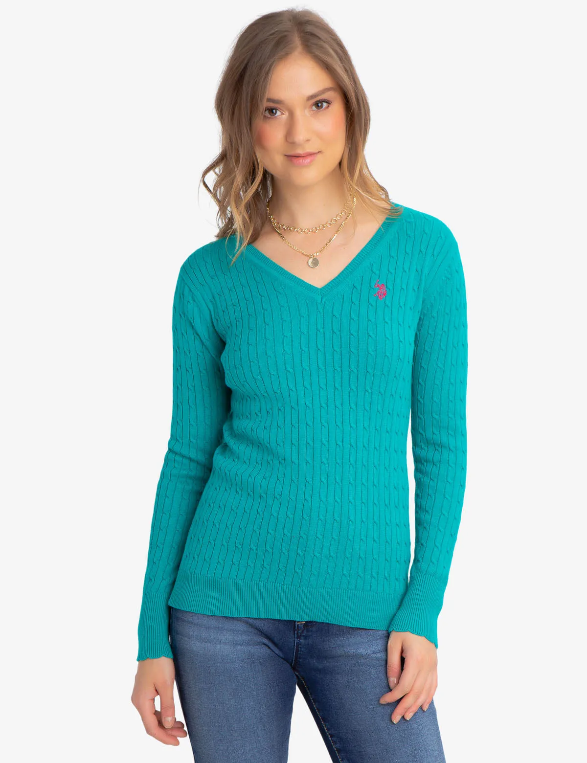 V-NECK CABLE KNIT SWEATER