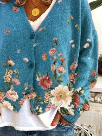 V Neck Casual Long Sleeve Floral Sweater