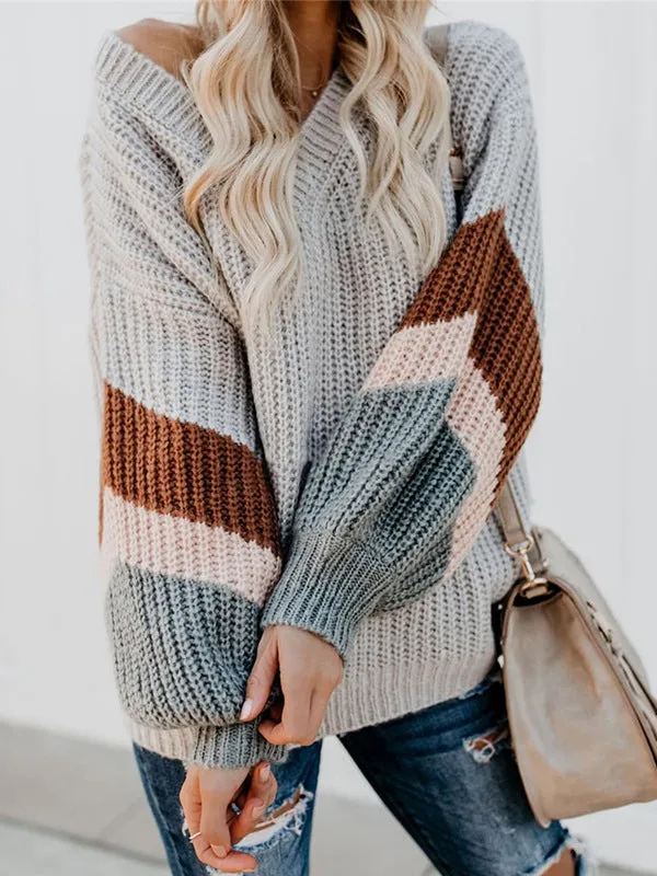 V-neck Lantern Sleeve Stripe Colorblock Sweater