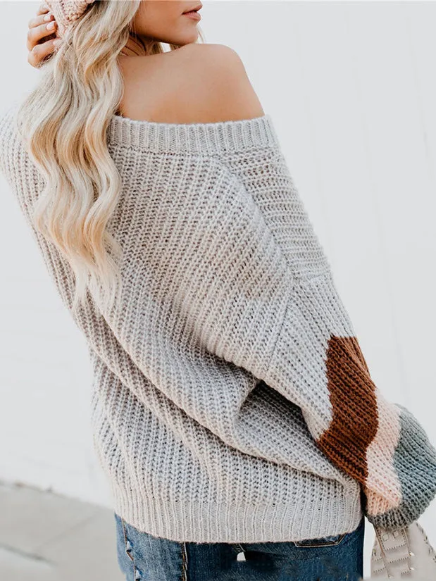 V-neck Lantern Sleeve Stripe Colorblock Sweater