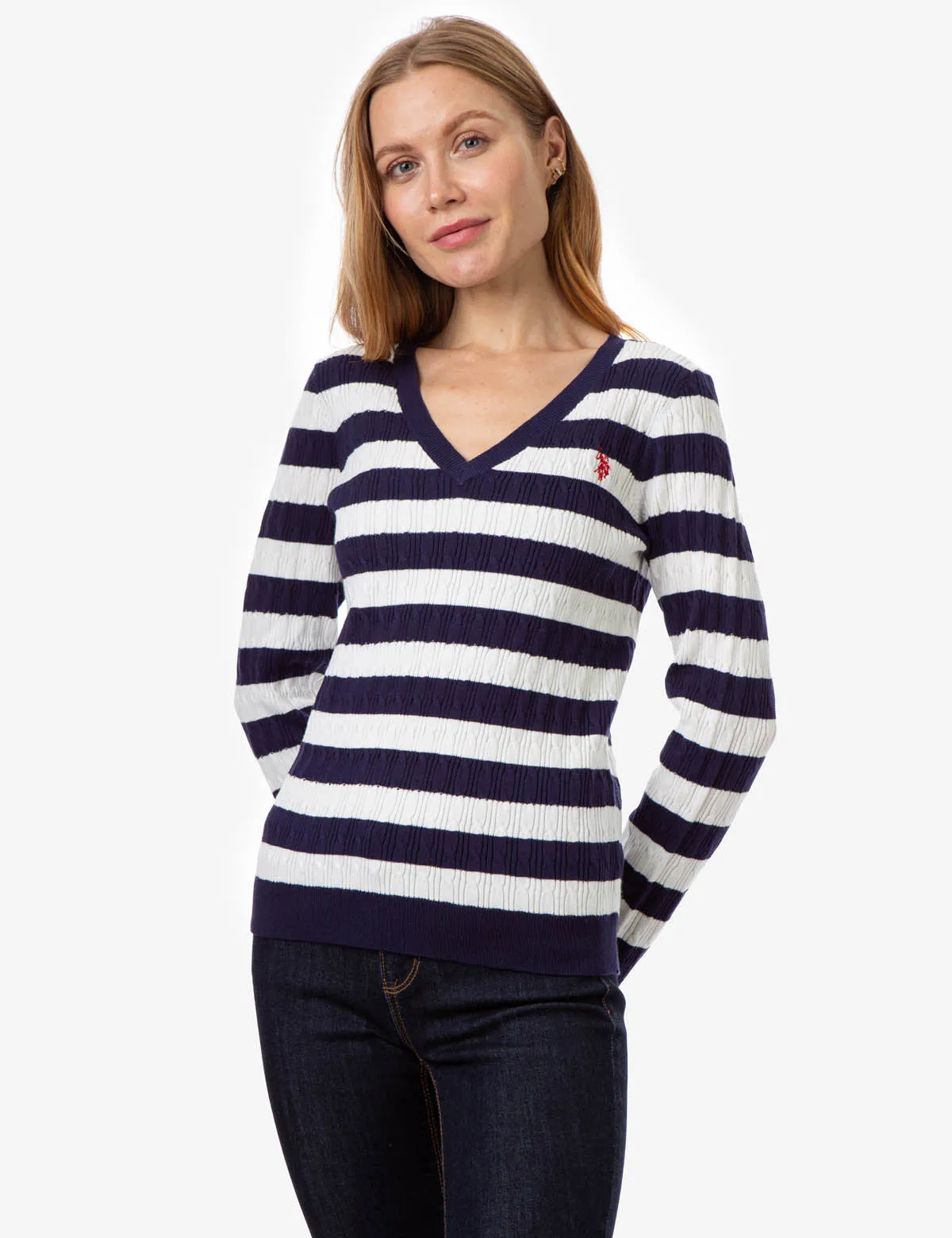 V-NECK STRIPE CABLE SWEATER