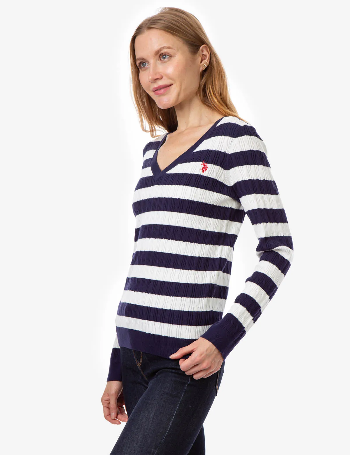 V-NECK STRIPE CABLE SWEATER