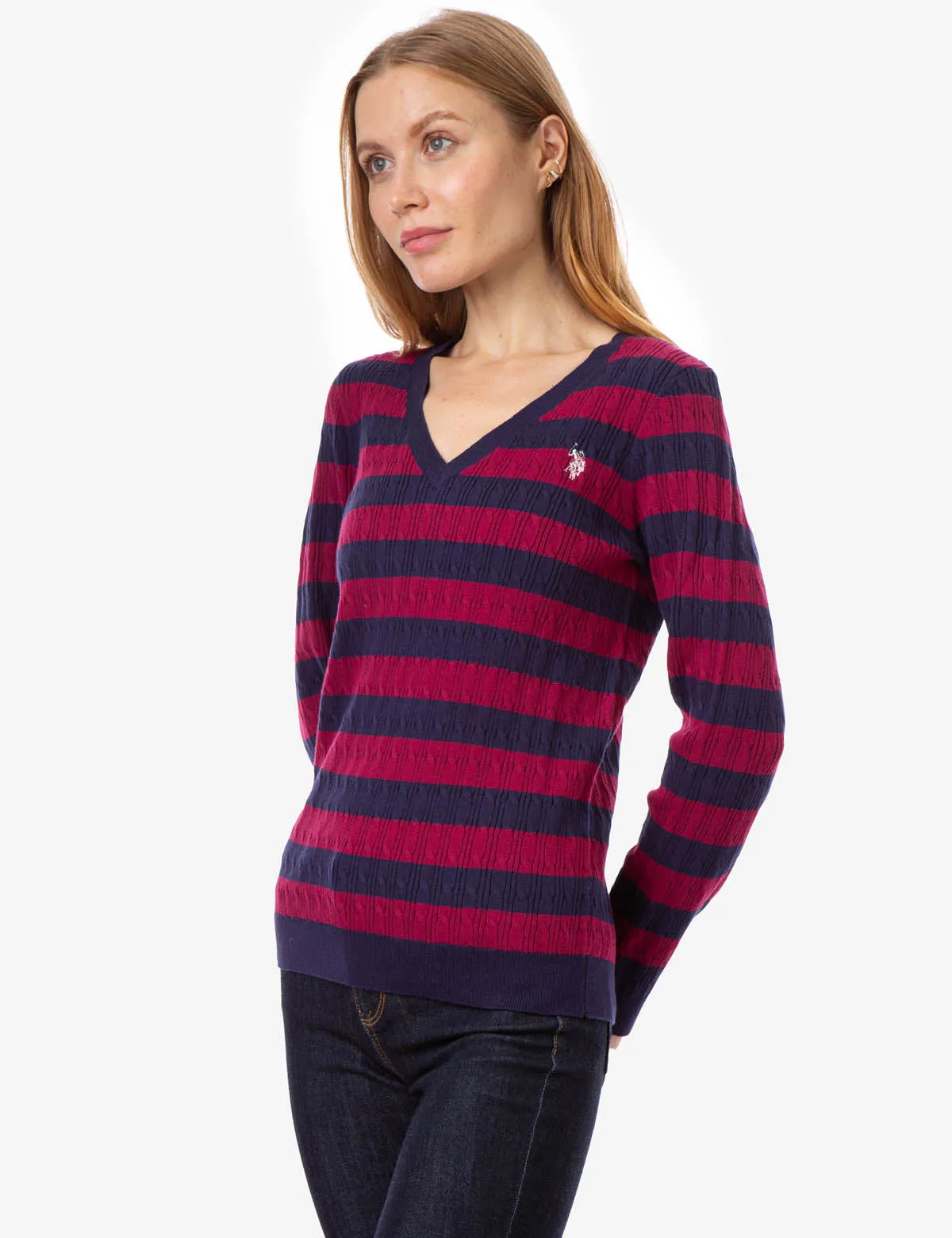 V-NECK STRIPE CABLE SWEATER