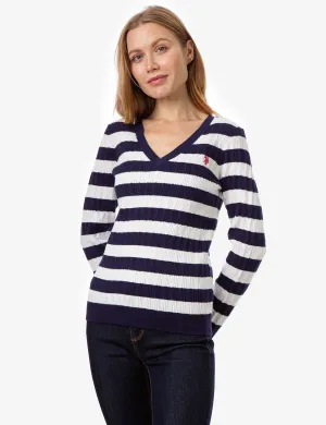 V-NECK STRIPE CABLE SWEATER