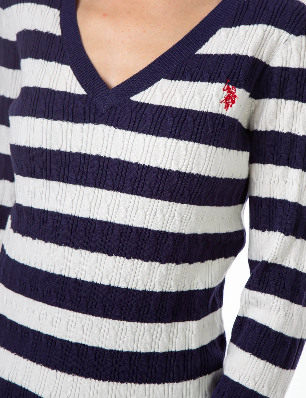 V-NECK STRIPE CABLE SWEATER